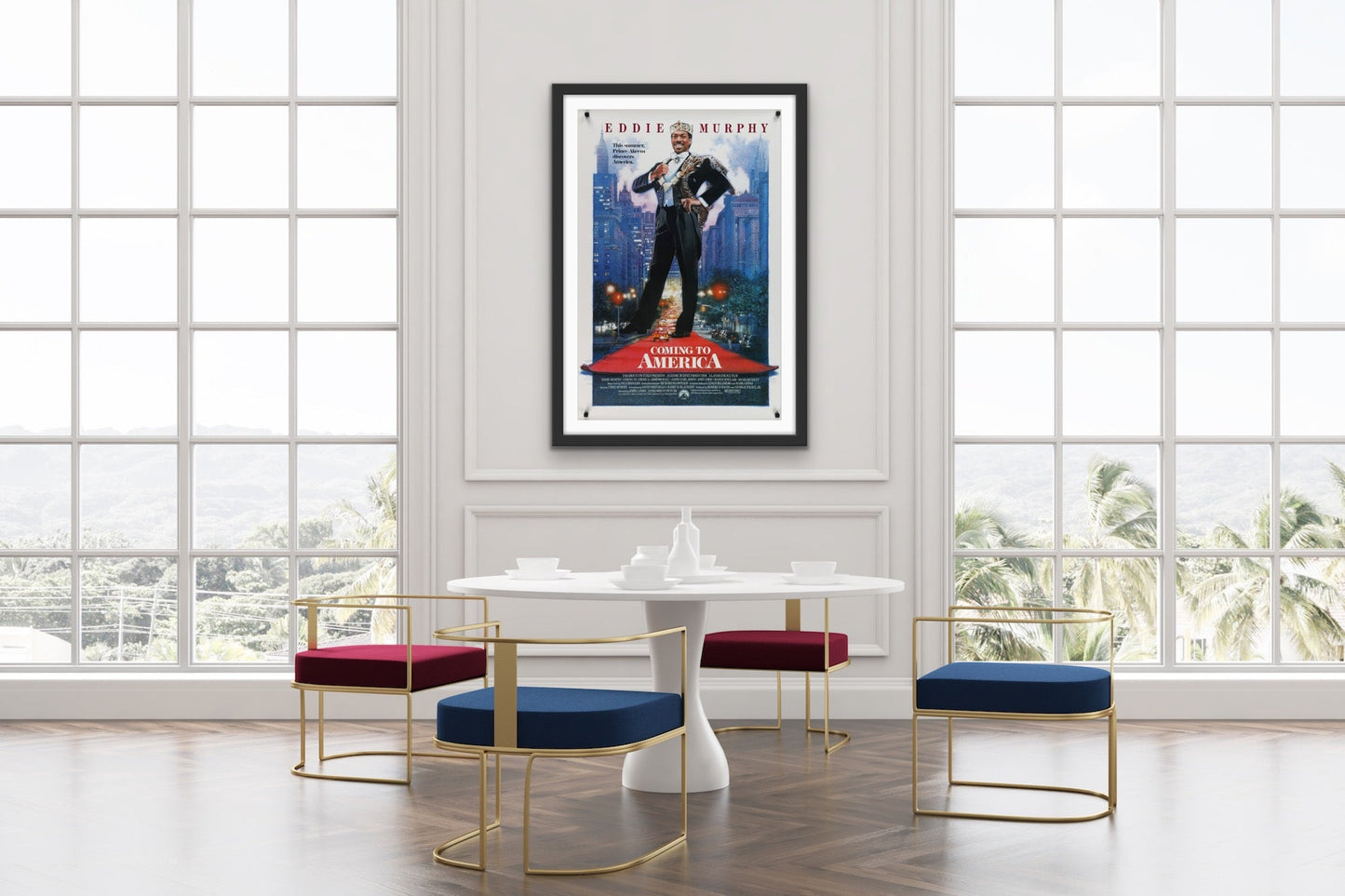An original movie poster for the Eddie Murphy film Coming To America with artwork by Drew Struzan
