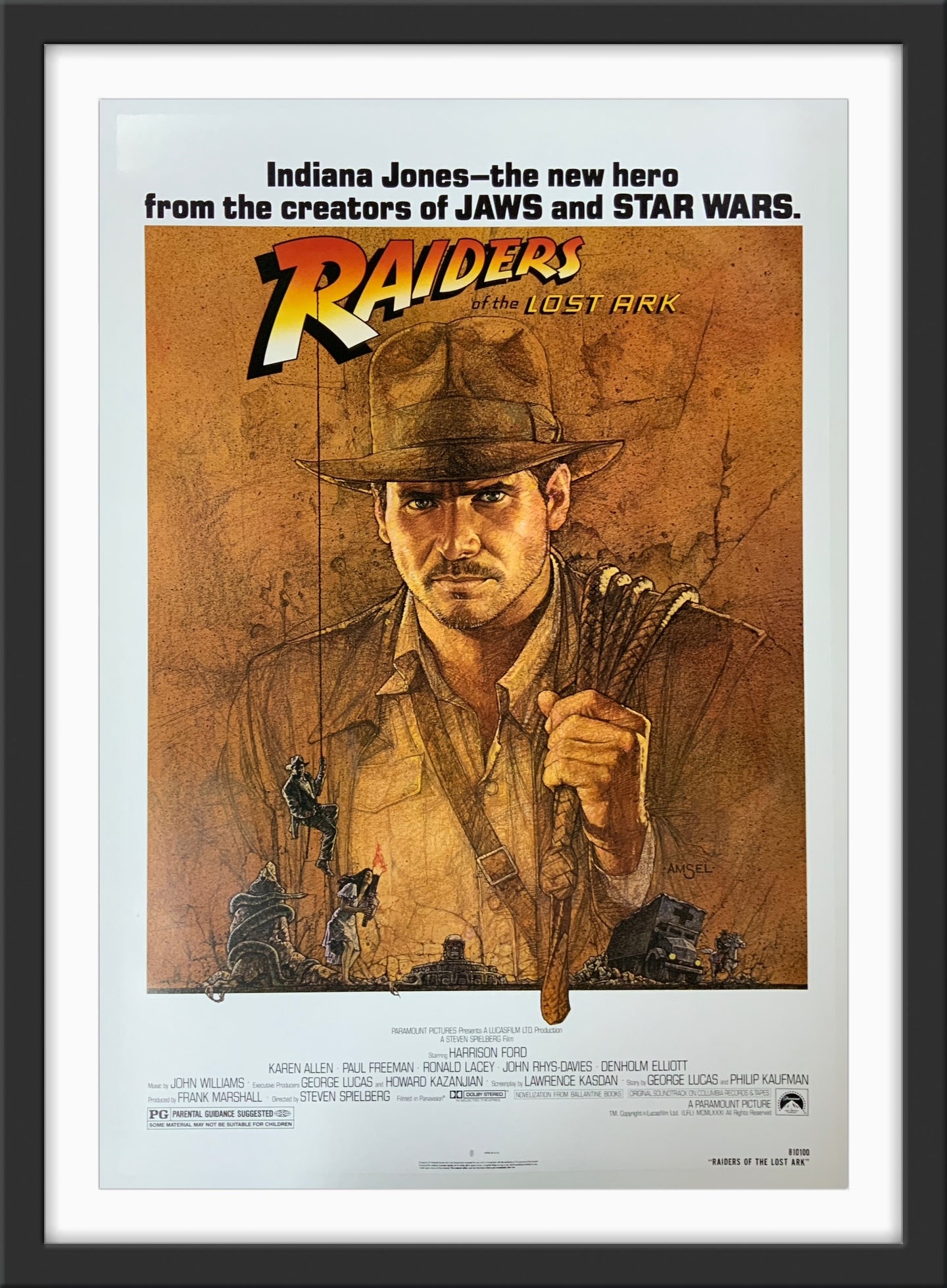 An original movie poster for the Indiana Jones film Raiders of the Lost Ark