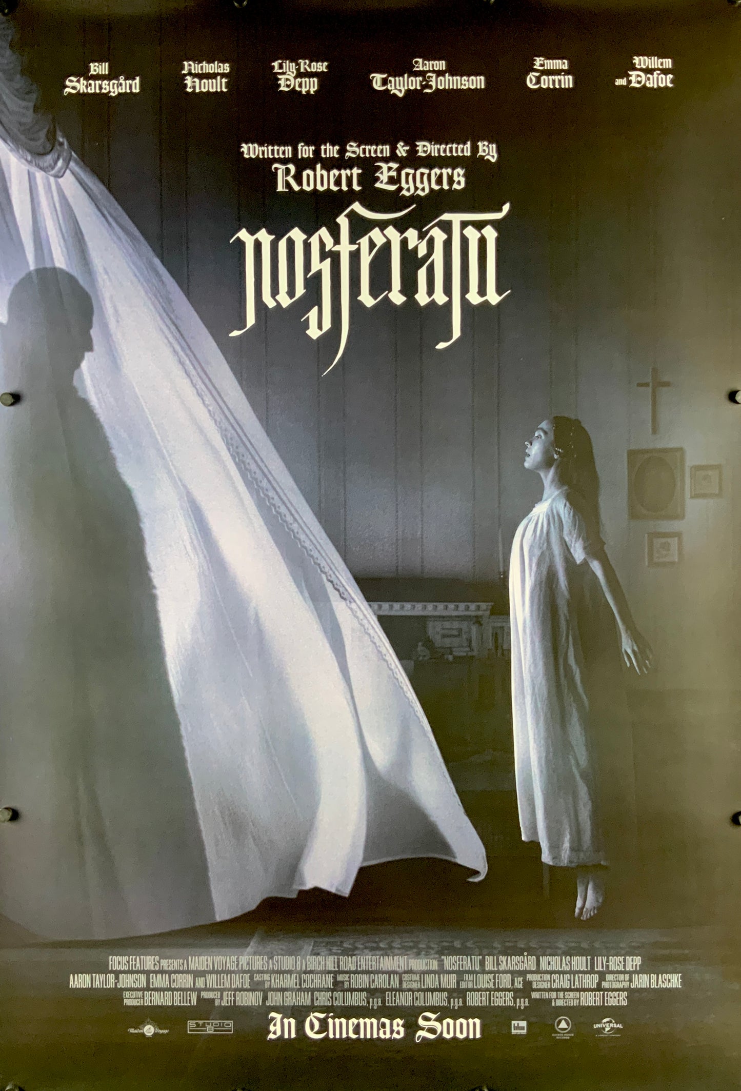 An original movie poster for the Robert Eggers film Nosferatu based on the Bram Stoker novel Dracula