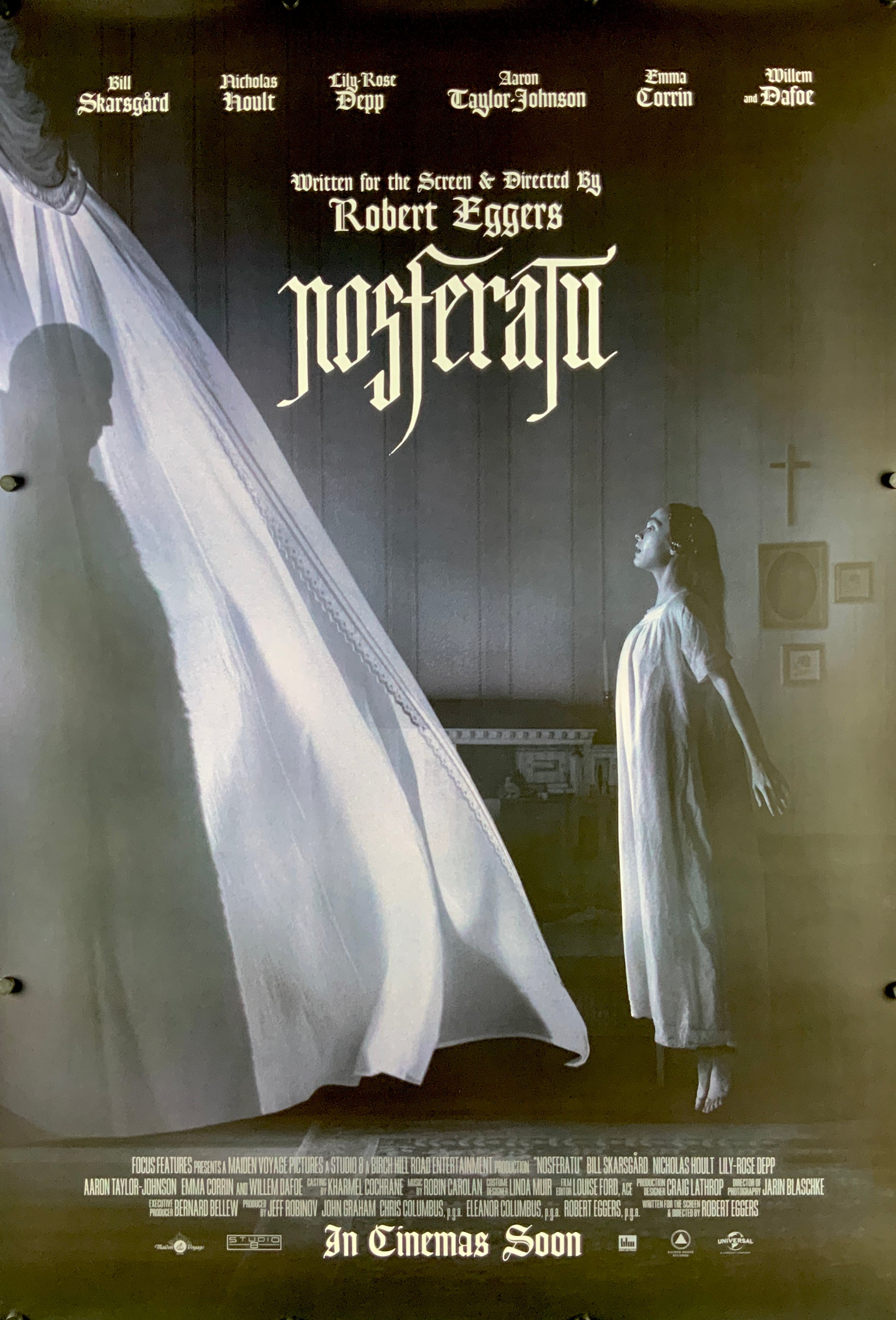 An original movie poster for the Robert Eggers film Nosferatu based on the Bram Stoker novel Dracula