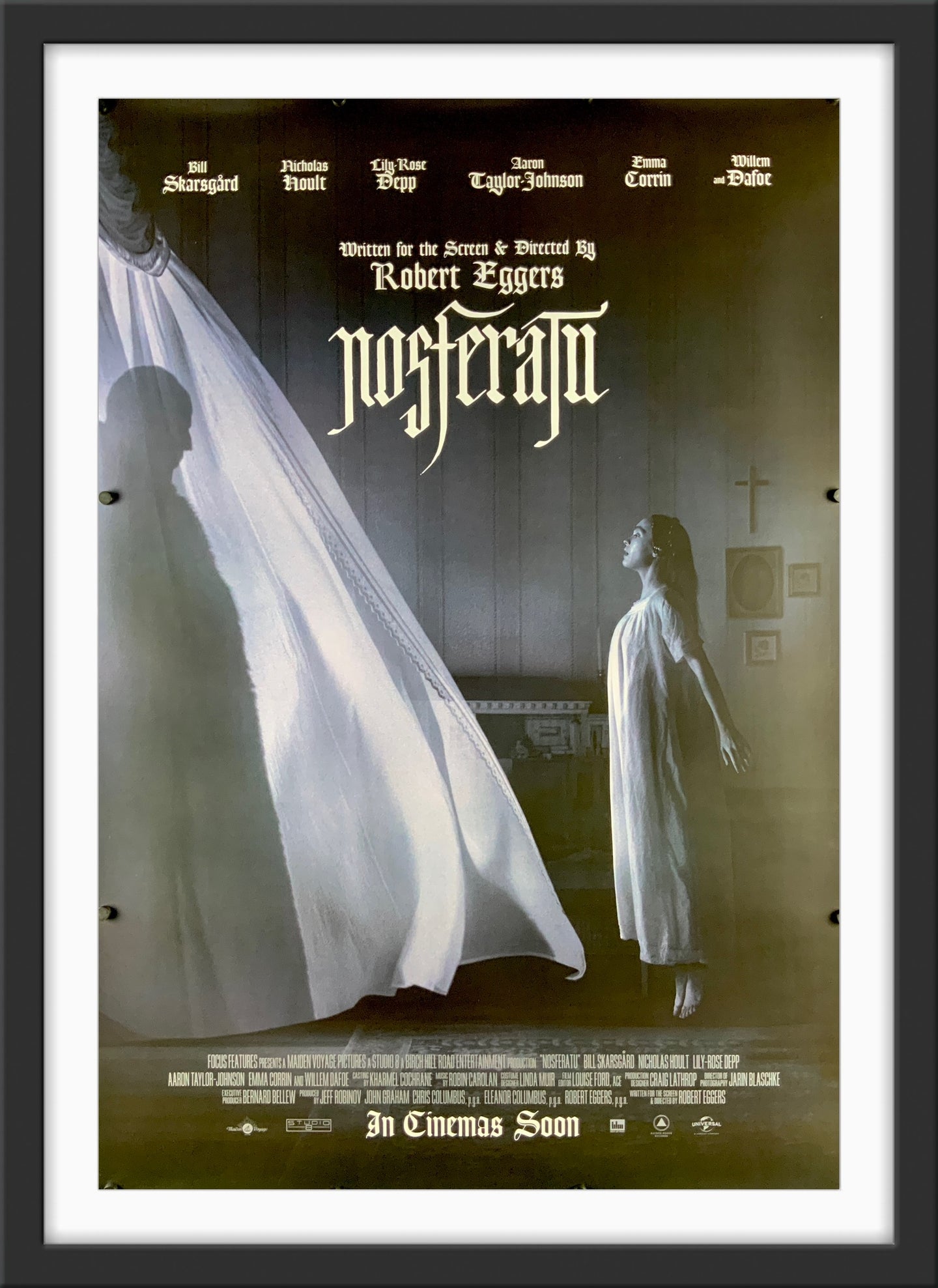 An original movie poster for the Robert Eggers film Nosferatu based on the Bram Stoker novel Dracula