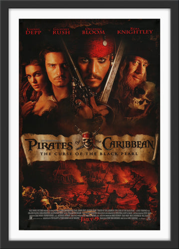 An original movie poster for the film Pirates of the Caribbean The Curse of the Black Pearl