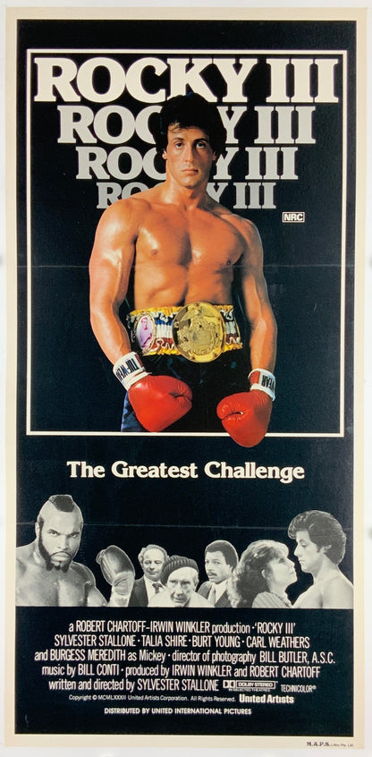 An original trio of original movie posters for the films Rocky, Rocky 2 and Rocky 3