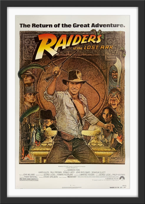 An original movie poster with art by Richard Amsel for the Indiana Jones film Raiders of the Lost Ark