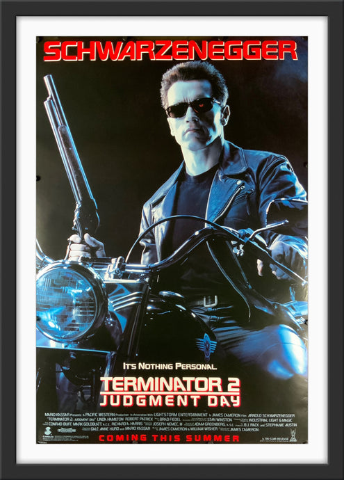 An original movie poster for the Arnold Schwarzenegger, James Cameron film Terminator 2 Judgment Day.