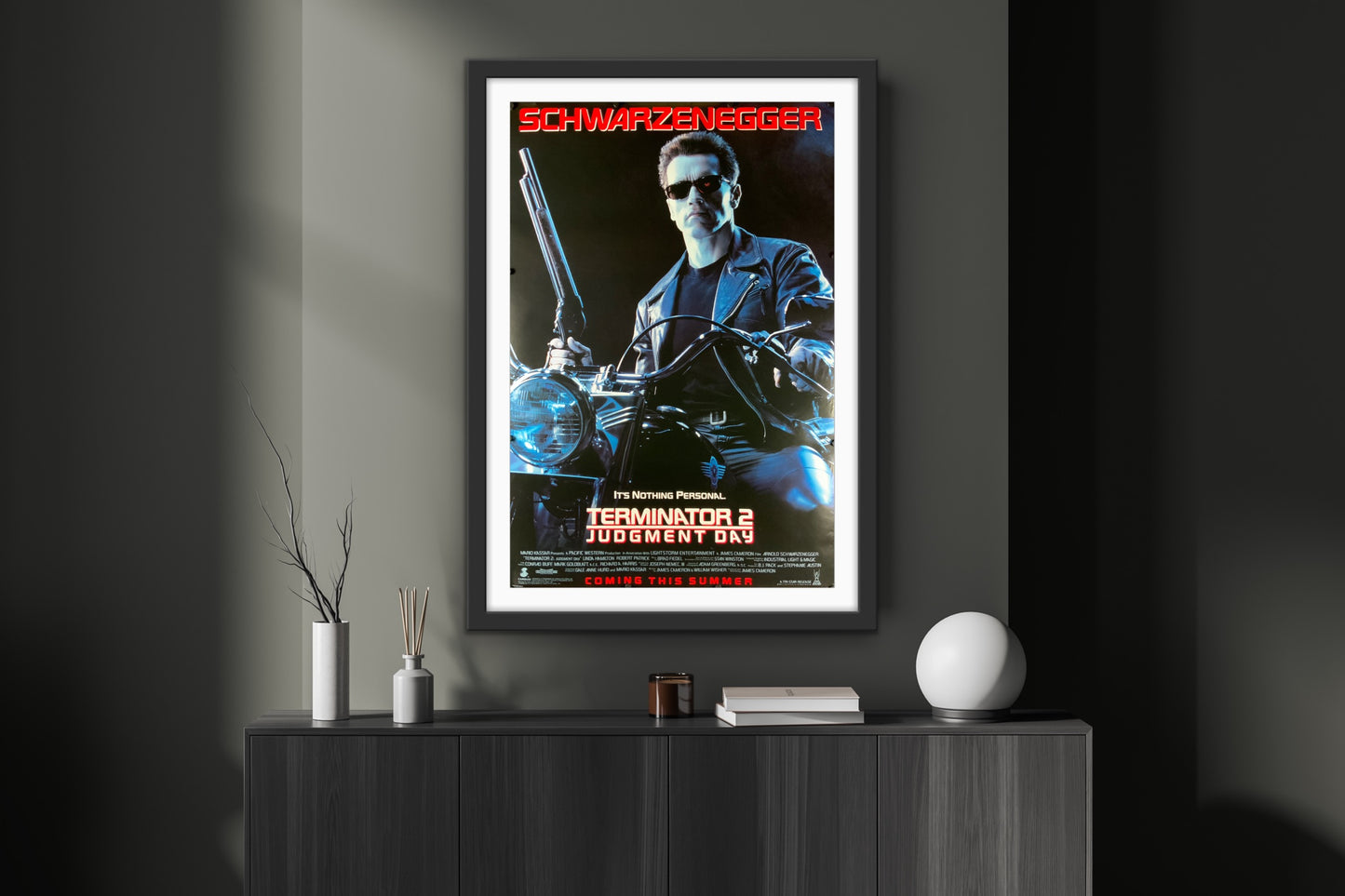An original movie poster for the Arnold Schwarzenegger, James Cameron film Terminator 2 Judgment Day.