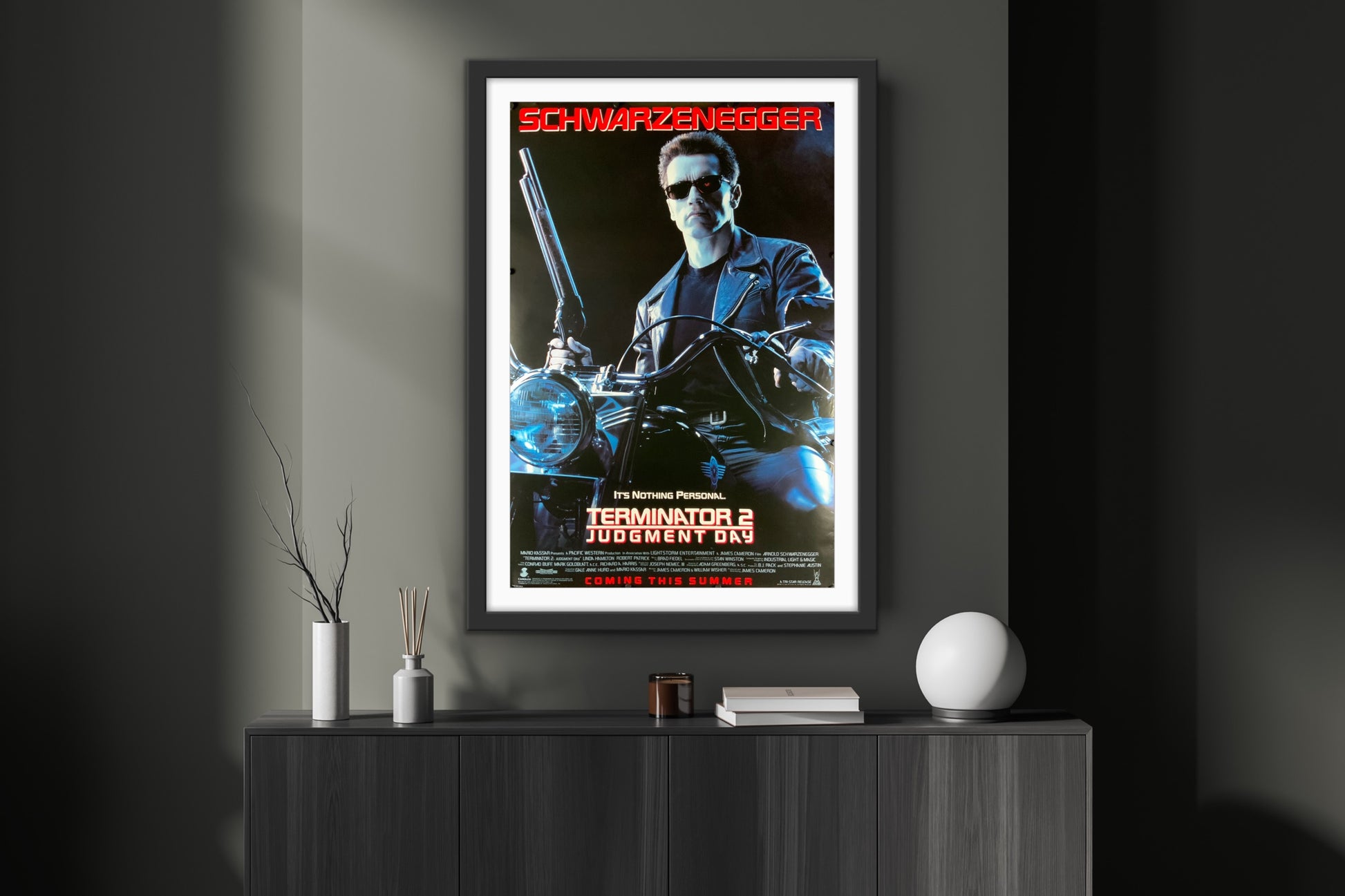 An original movie poster for the Arnold Schwarzenegger, James Cameron film Terminator 2 Judgment Day.