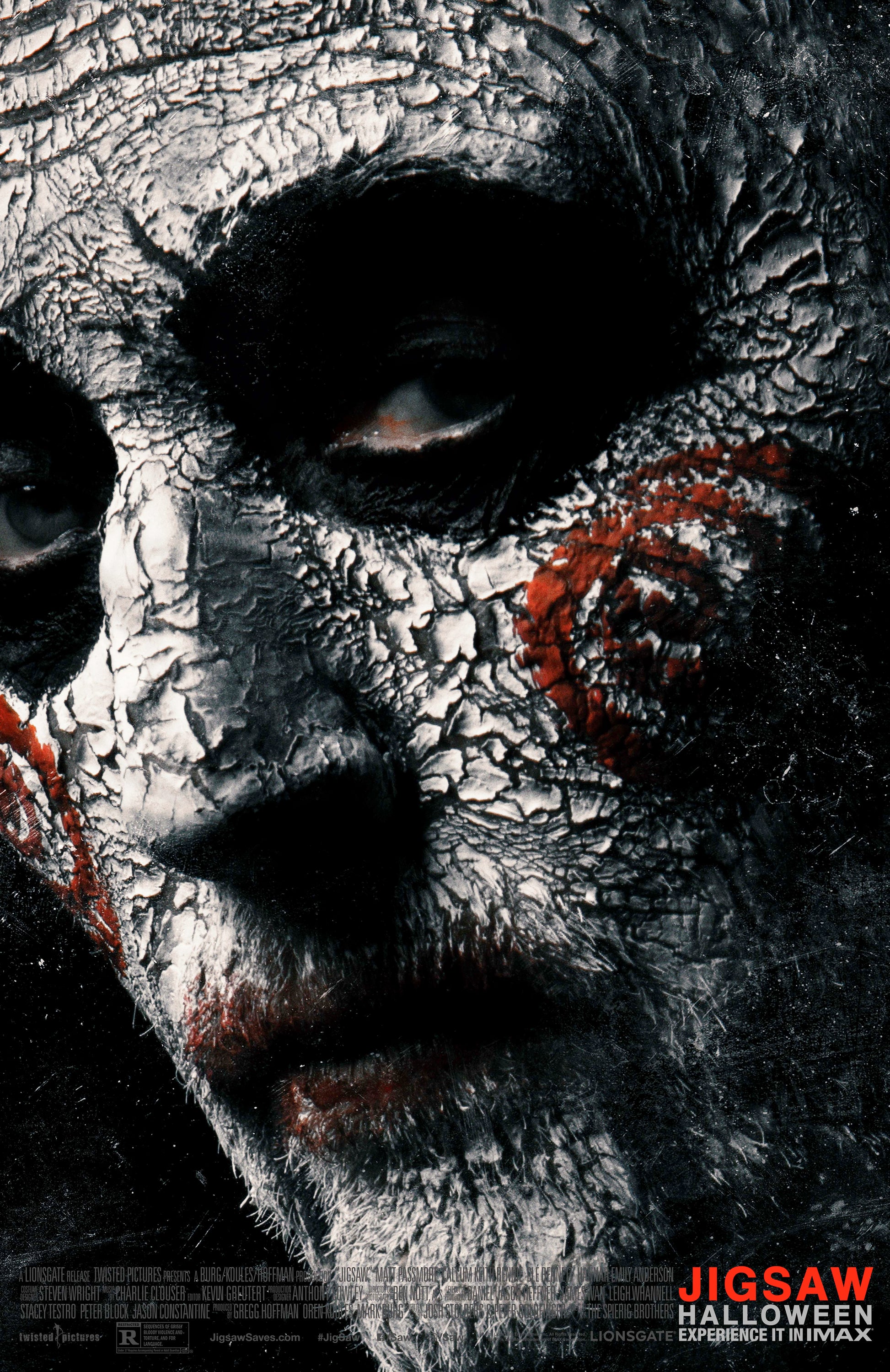 An original movie poster for the Saw film Jigsaw