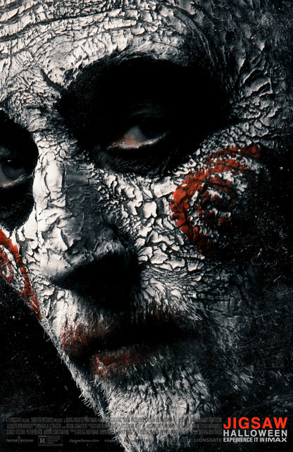 An original movie poster for the Saw film Jigsaw