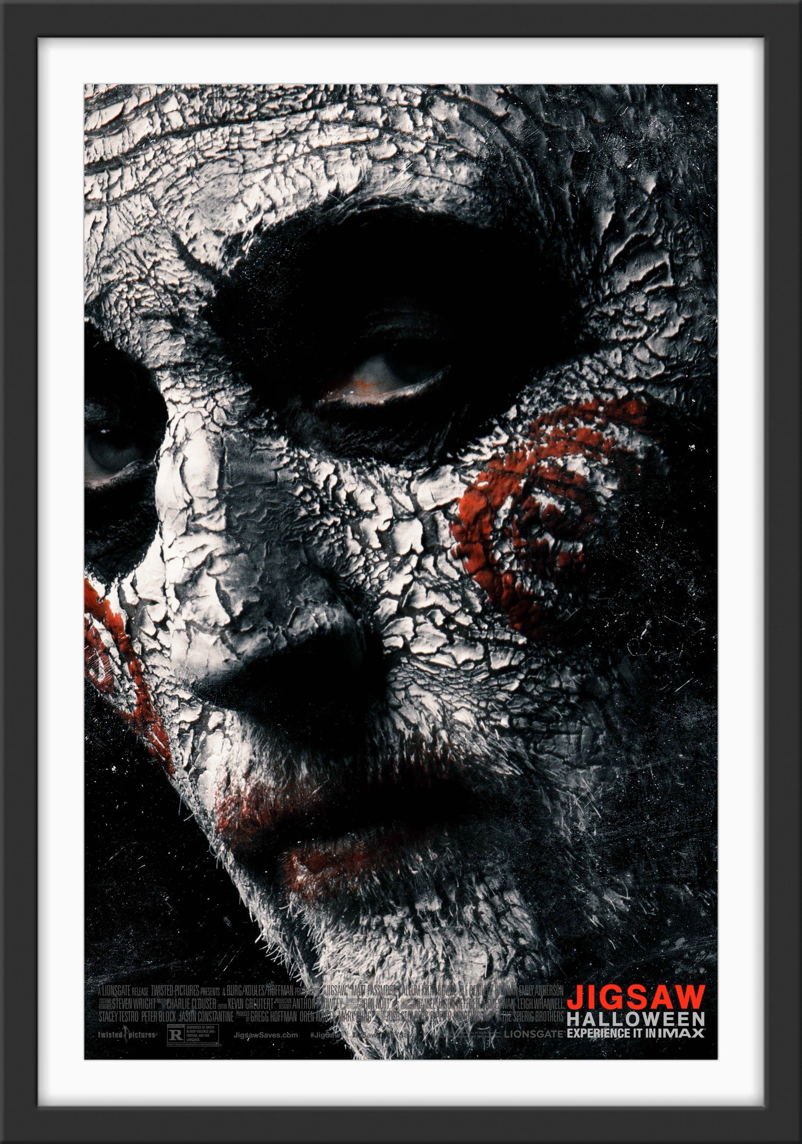 An original movie poster for the Saw film Jigsaw