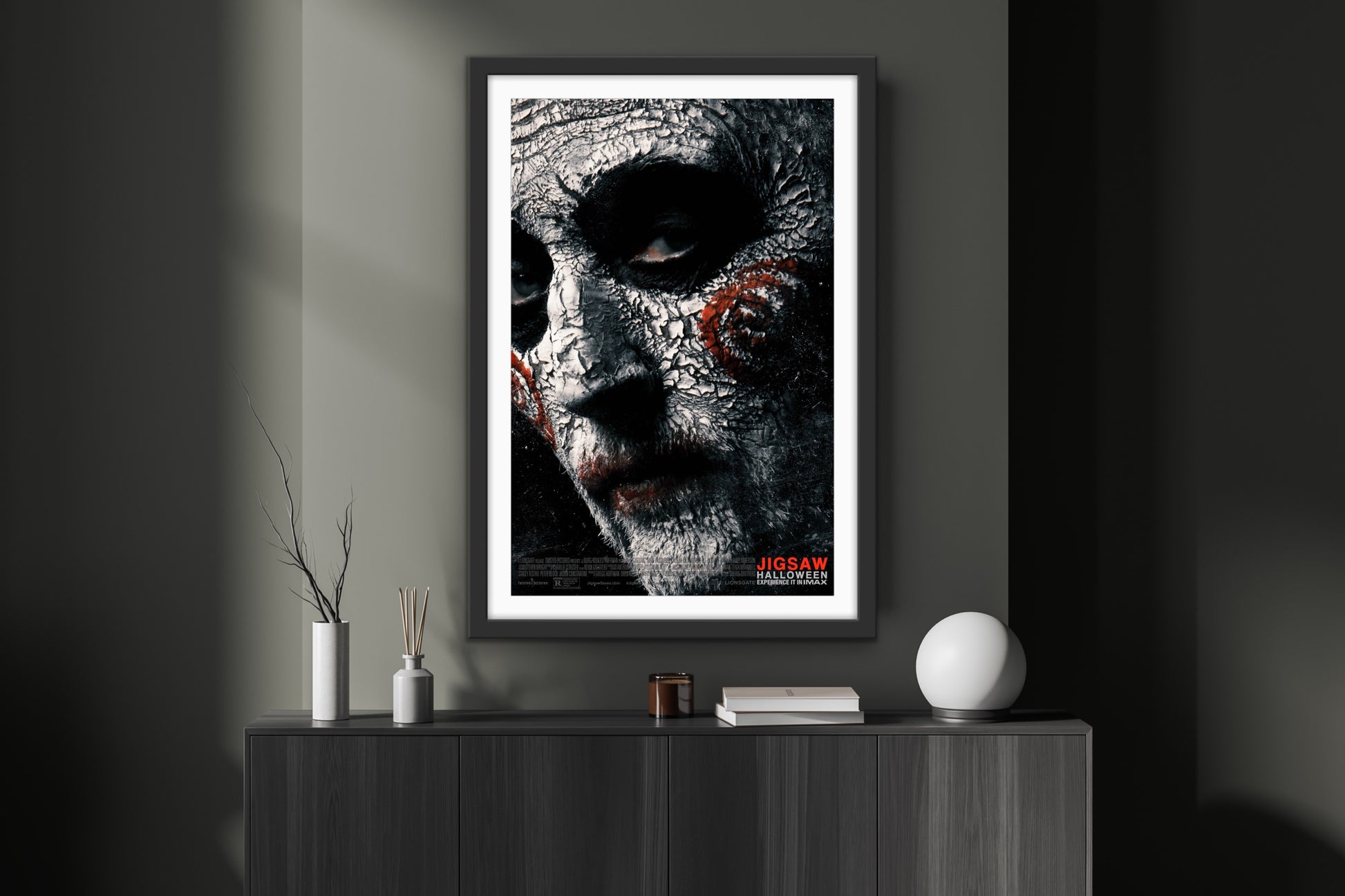 An original movie poster for the Saw film Jigsaw