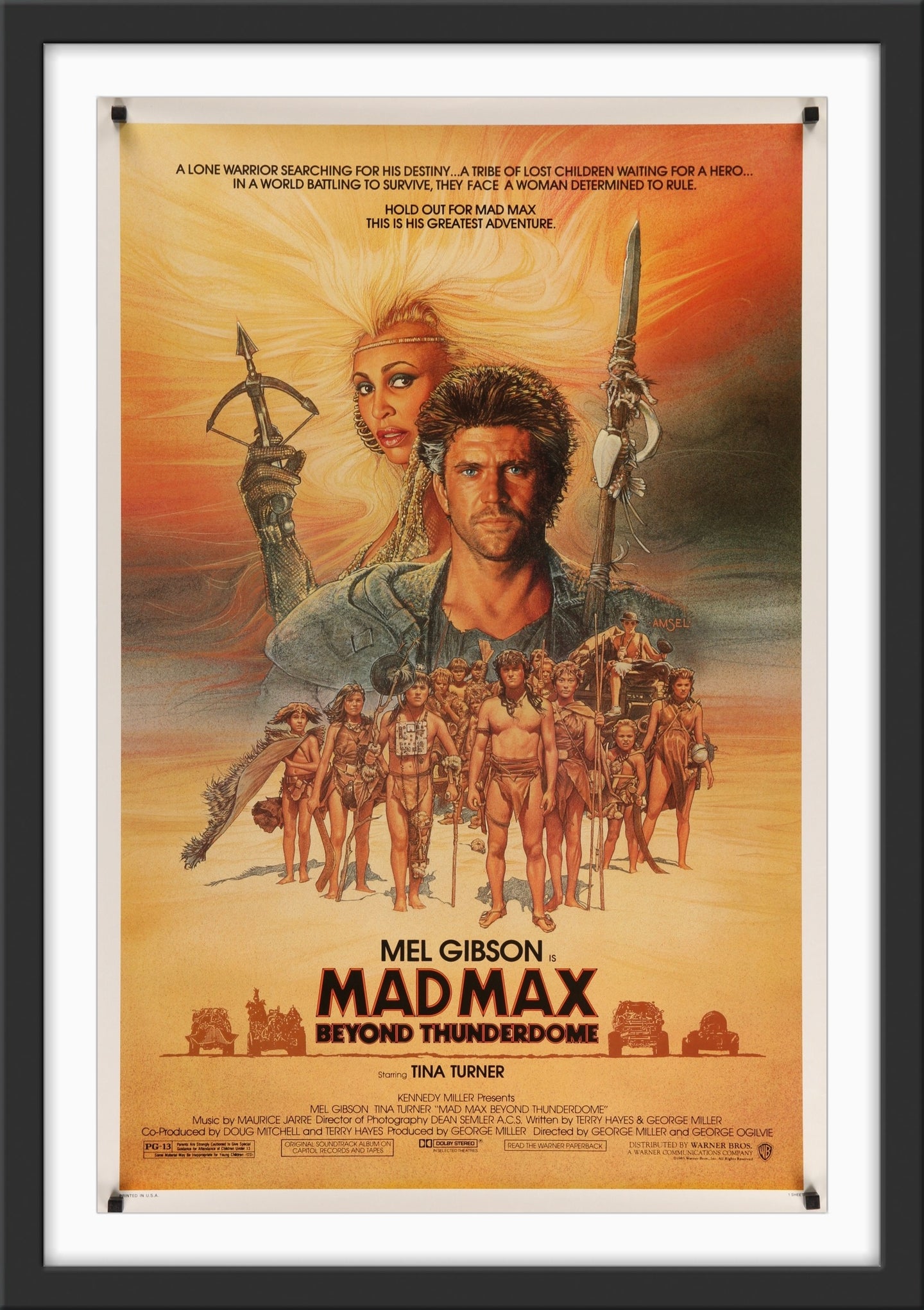 An original one sheet movie poster for the film Mad Max Beyond Thunderdome with art by Richard Amsel