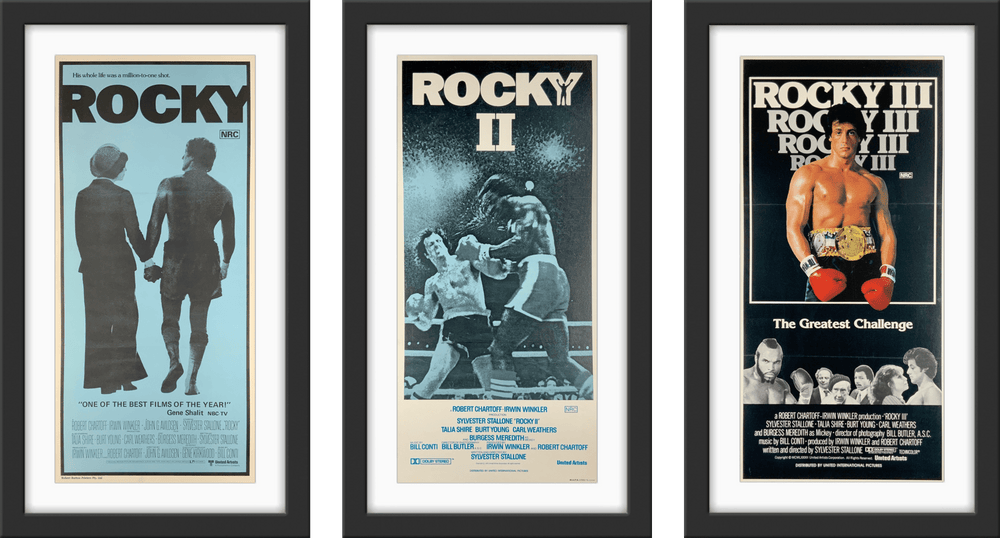 An original trio of original movie posters for the films Rocky, Rocky 2 and Rocky 3
