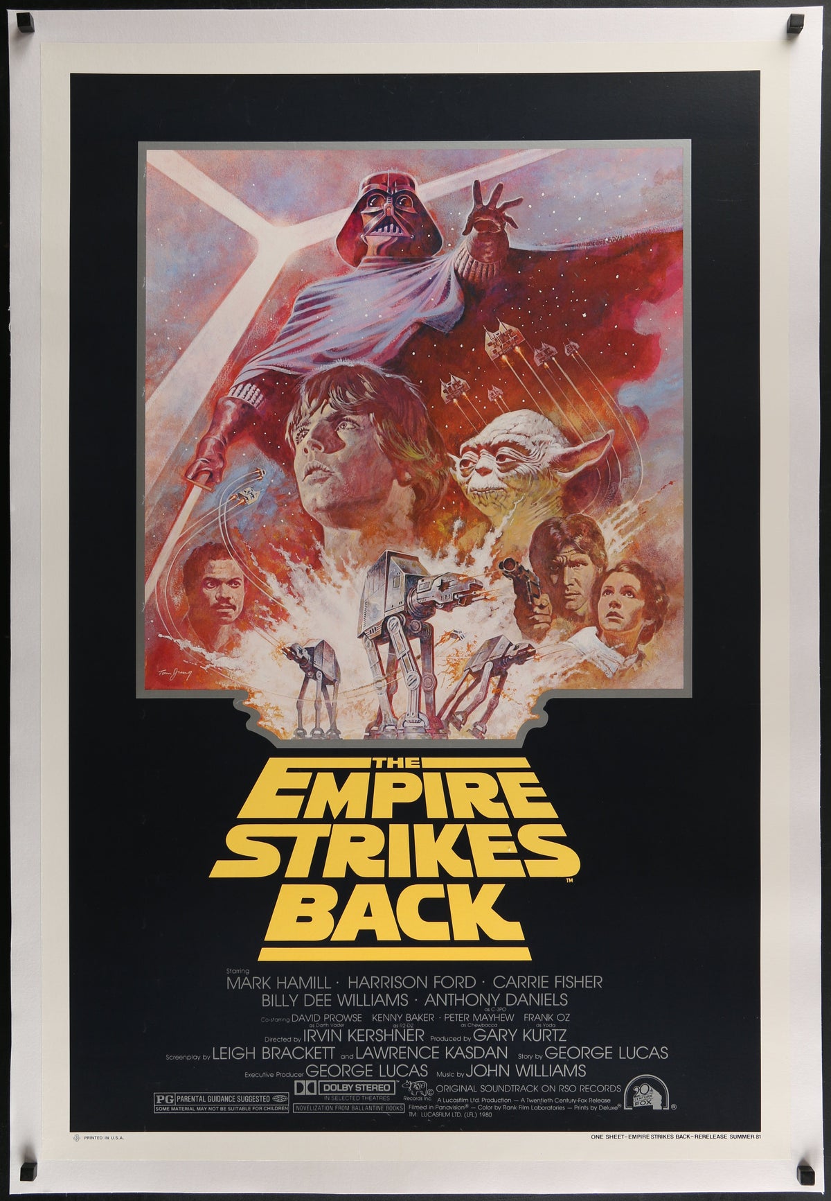 An original movie poster for the Star Wars film The Empire Strikes Back with artwork by Tom Jung