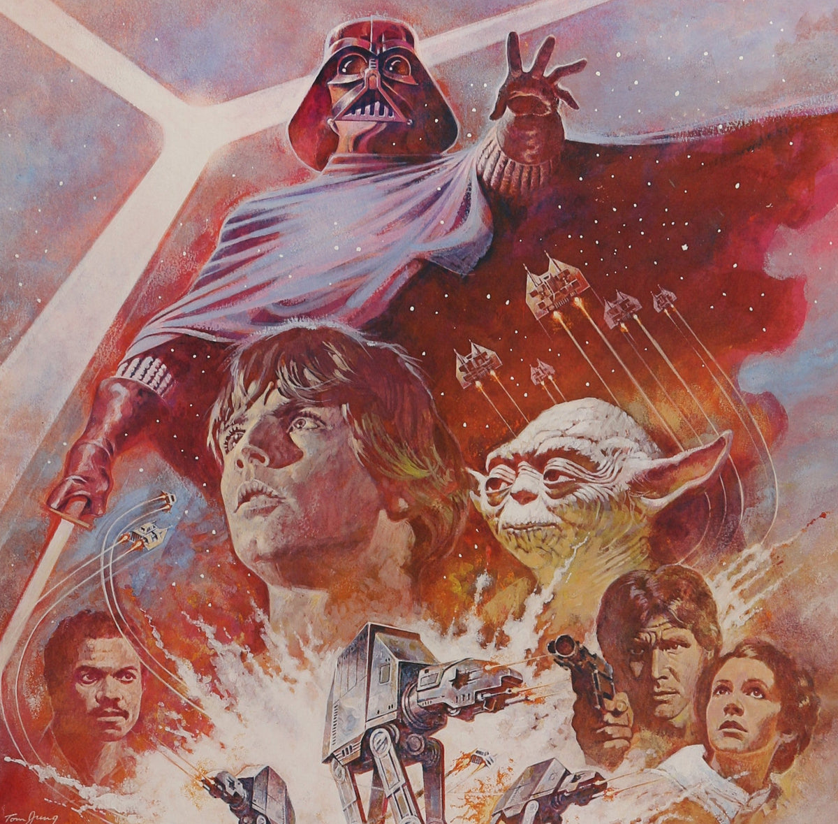An original movie poster for the Star Wars film The Empire Strikes Back with artwork by Tom Jung