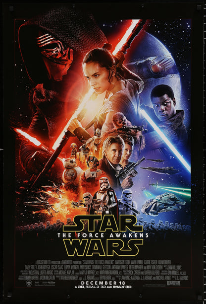 An original movie poster for the Star Wars film The Force Awakens