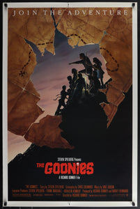 An original movie poster for the film The Goonies with artwork by John Alvin