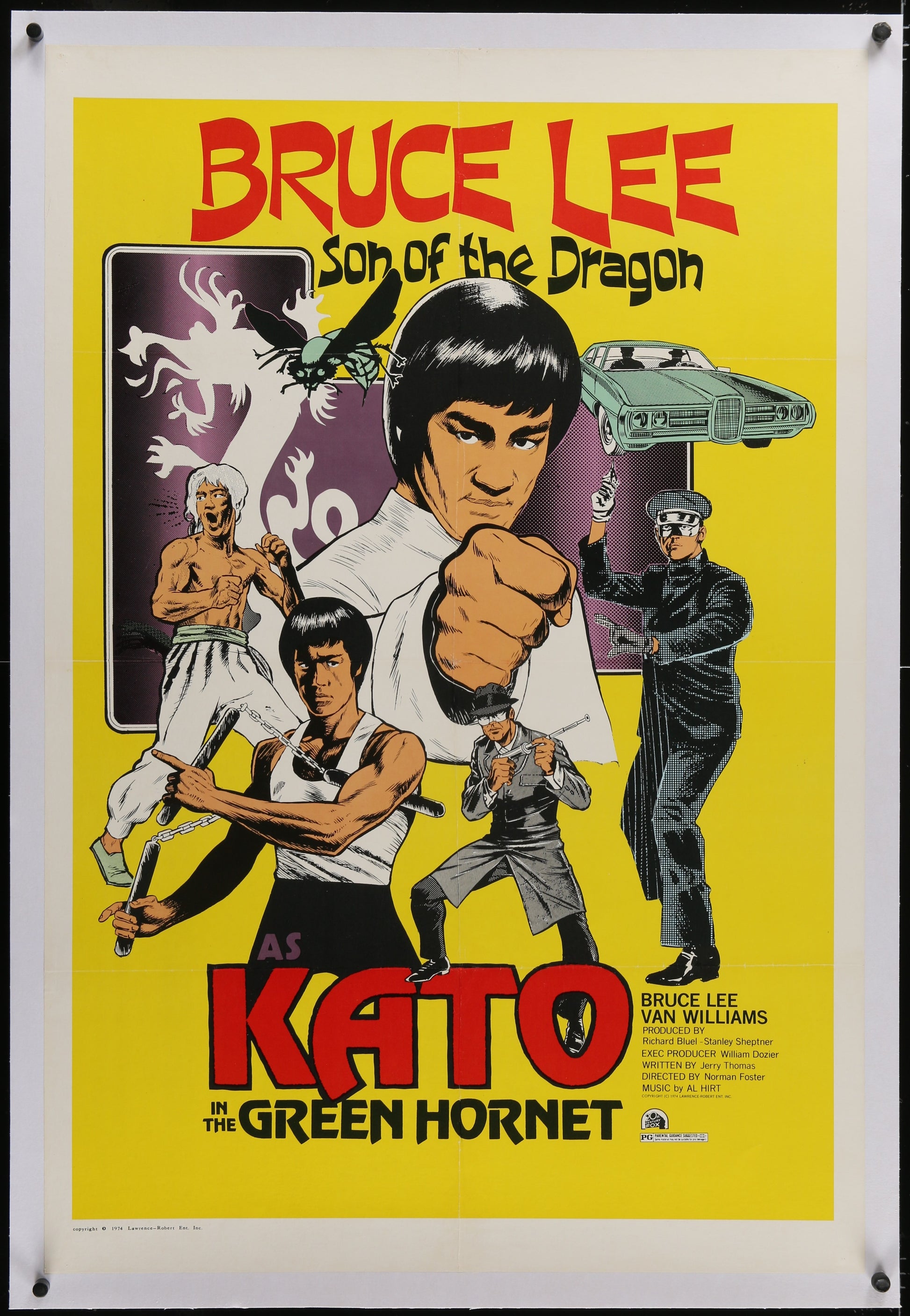 Vintage movie poster featuring Bruce Lee as Kato from 'The Green Hornet' with action poses and character illustrations.