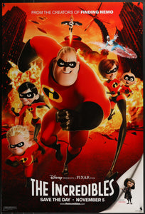 An original movie poster for the Disney Pixar film The Incredibles