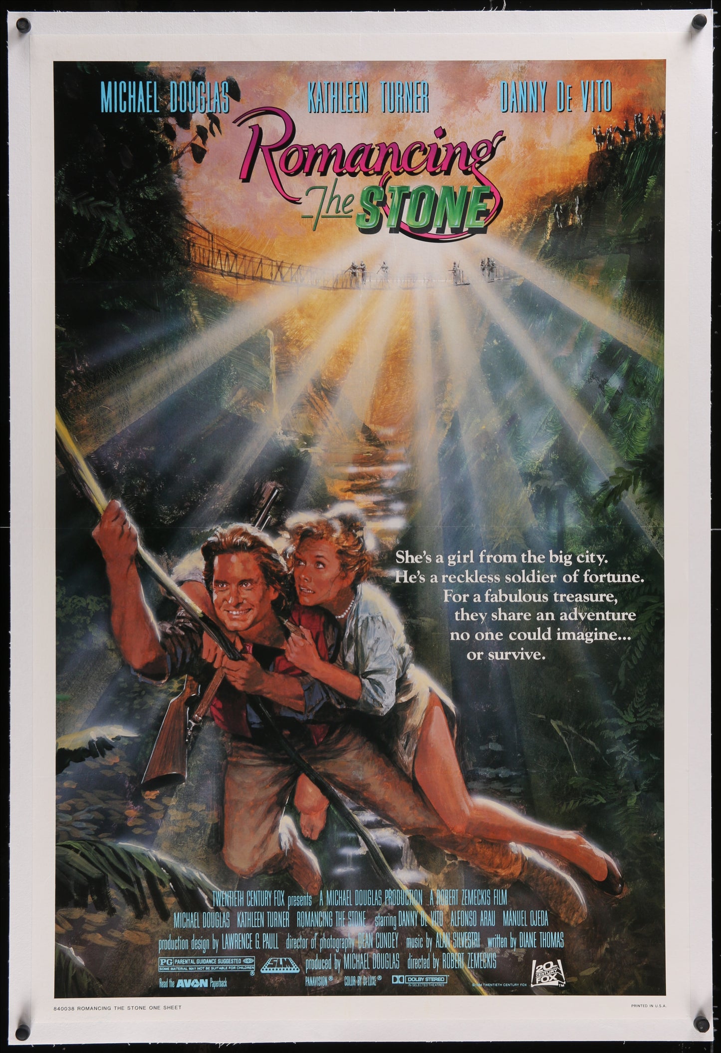 An original movie poster for the film Romancing The Stone