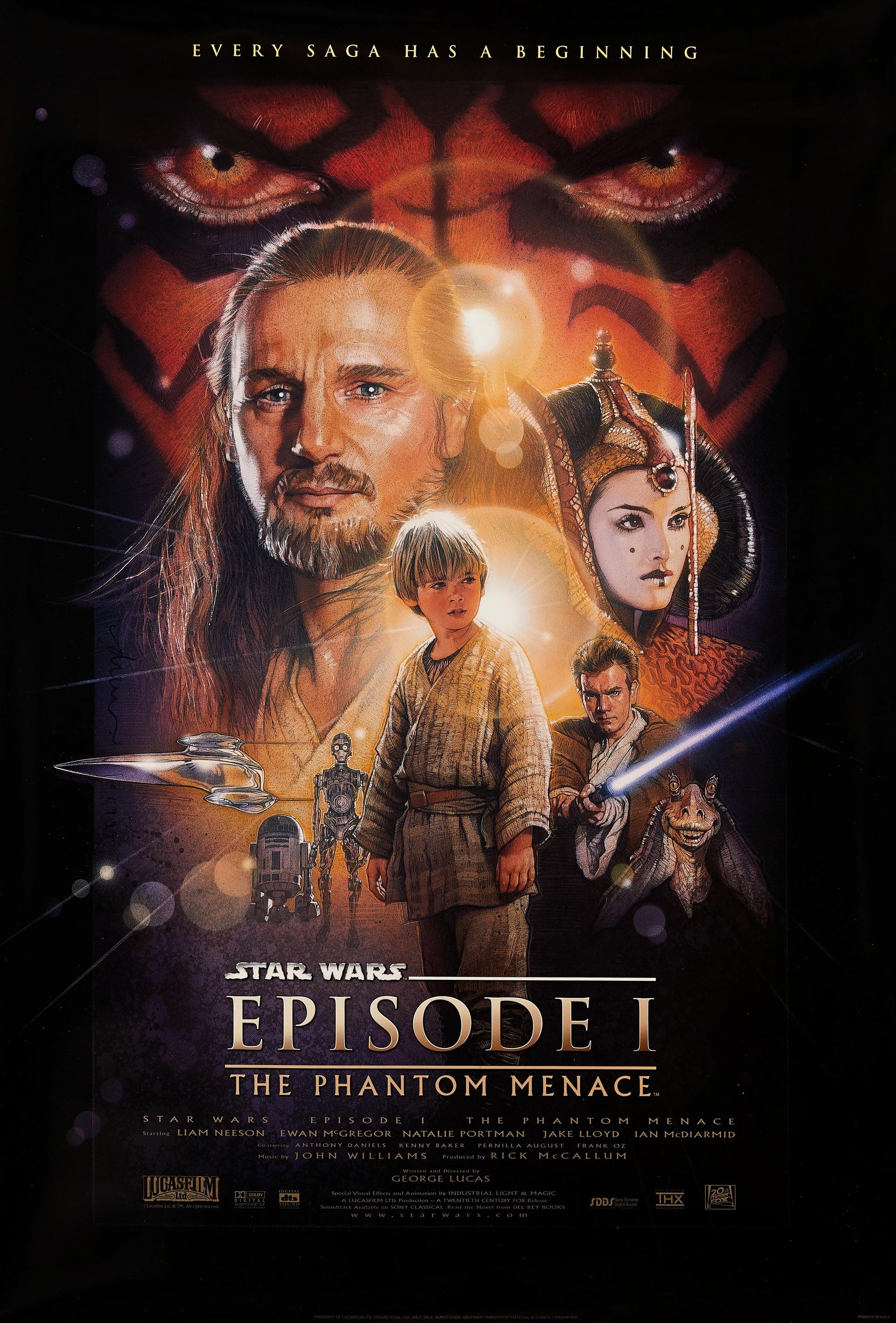 An original movie poster for the film The Phantom Menace, Star Wars Episode I / 1 with artwork by Drew Struzan