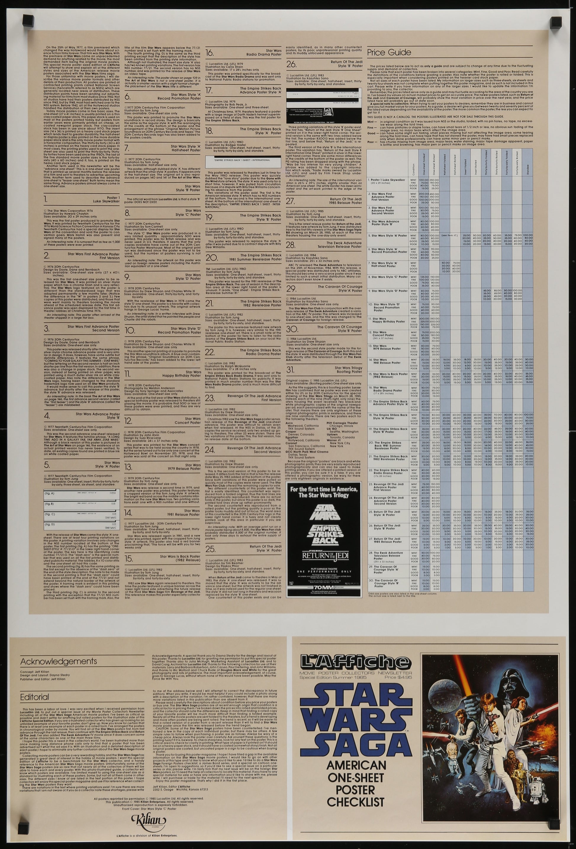 An original Kilian One Sheet Star Wars Poster Checklist Poster