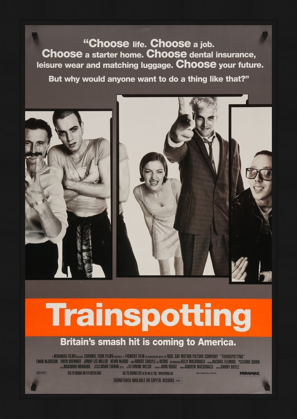 An original movie poster for the film Trainspotting