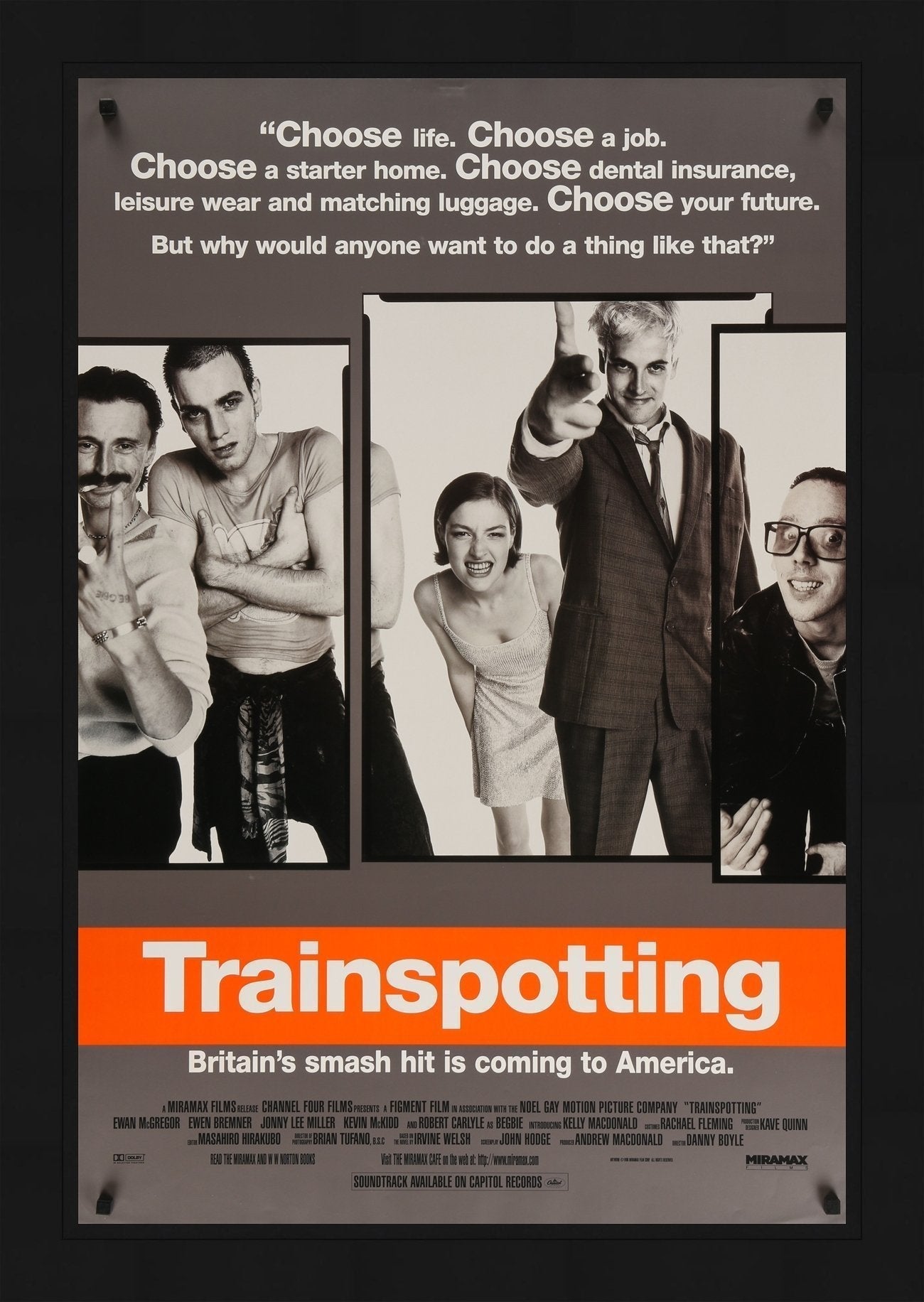 An original movie poster for the film Trainspotting