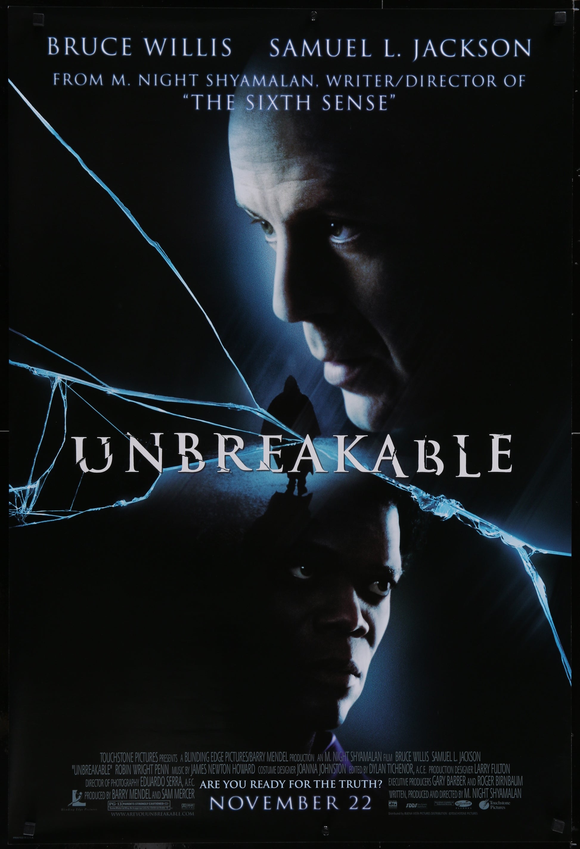 An original movie poster for the M. Night Shyamalan film Unbreakable