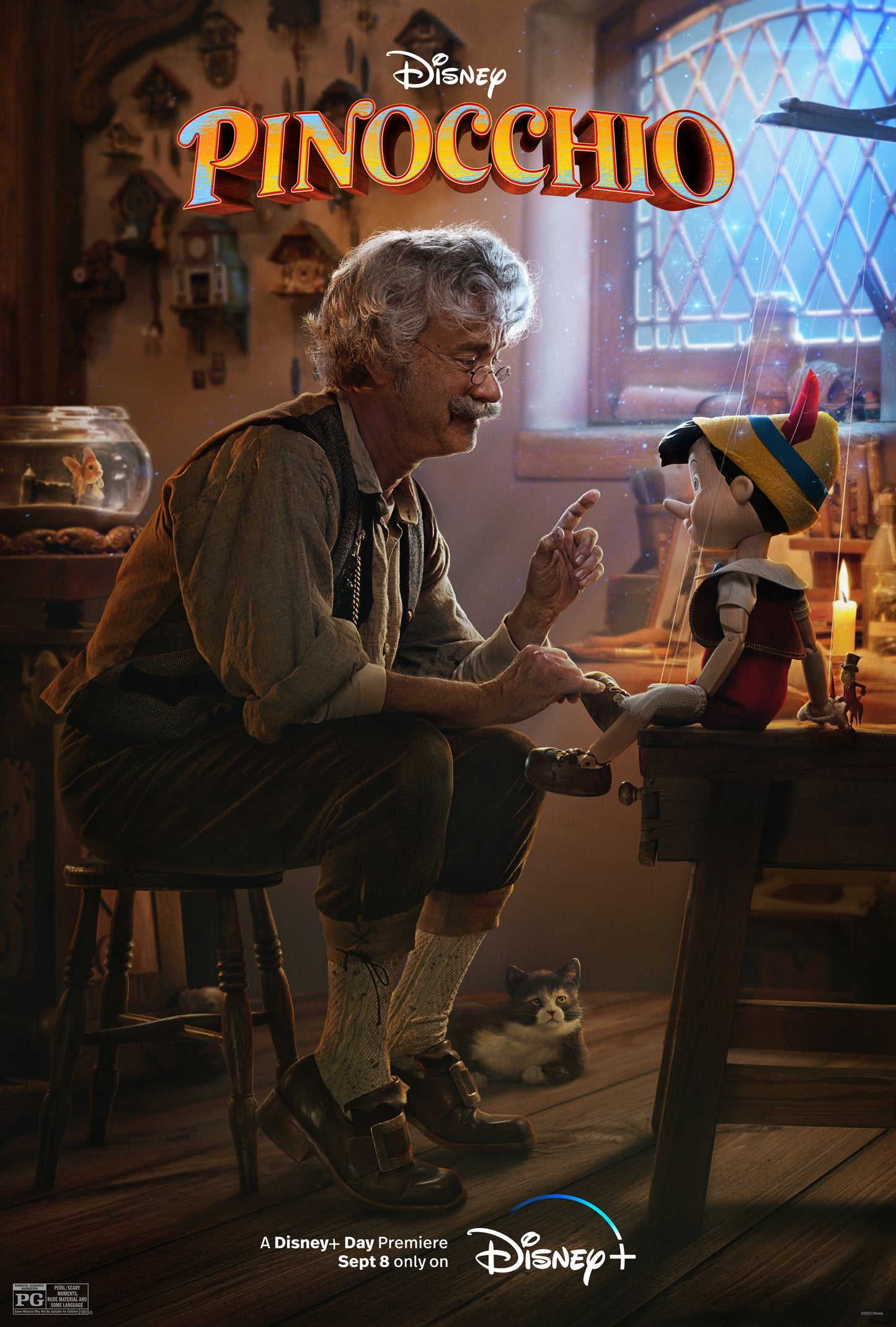 An original movie poster for the Disney+ live action film Pinocchio