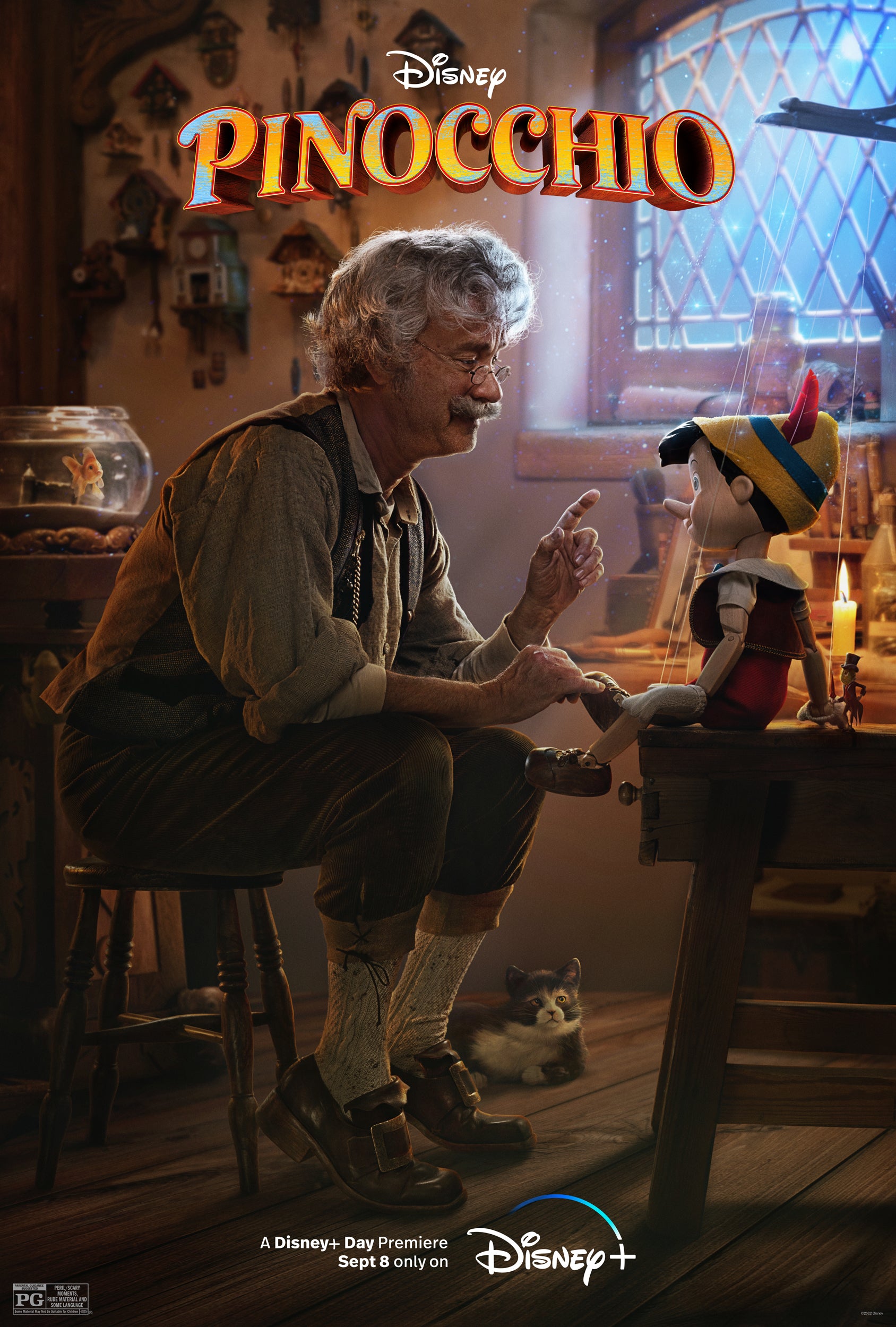 An original movie poster for the Disney+ live action film Pinocchio