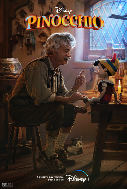 An original movie poster for the Disney+ live action film Pinocchio