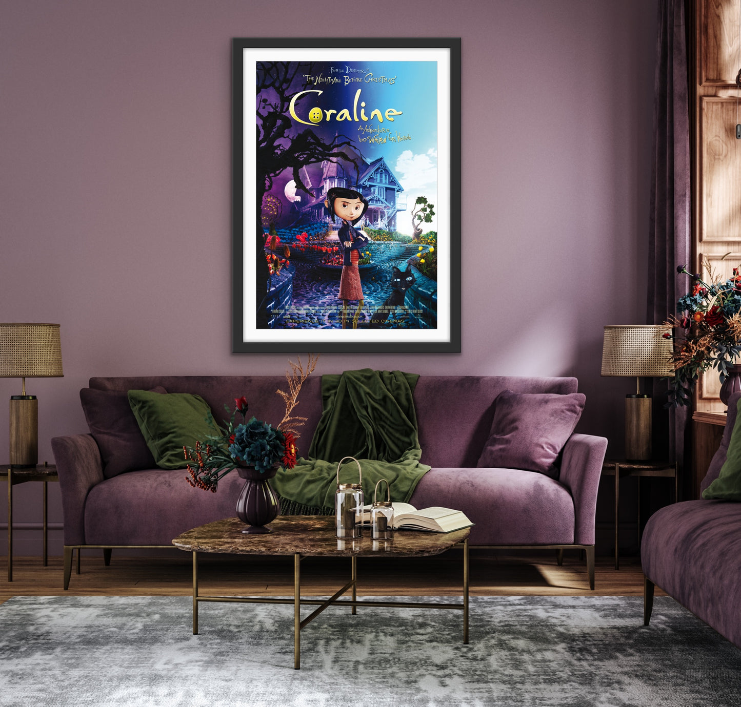 An original movie poster for the film Coraline