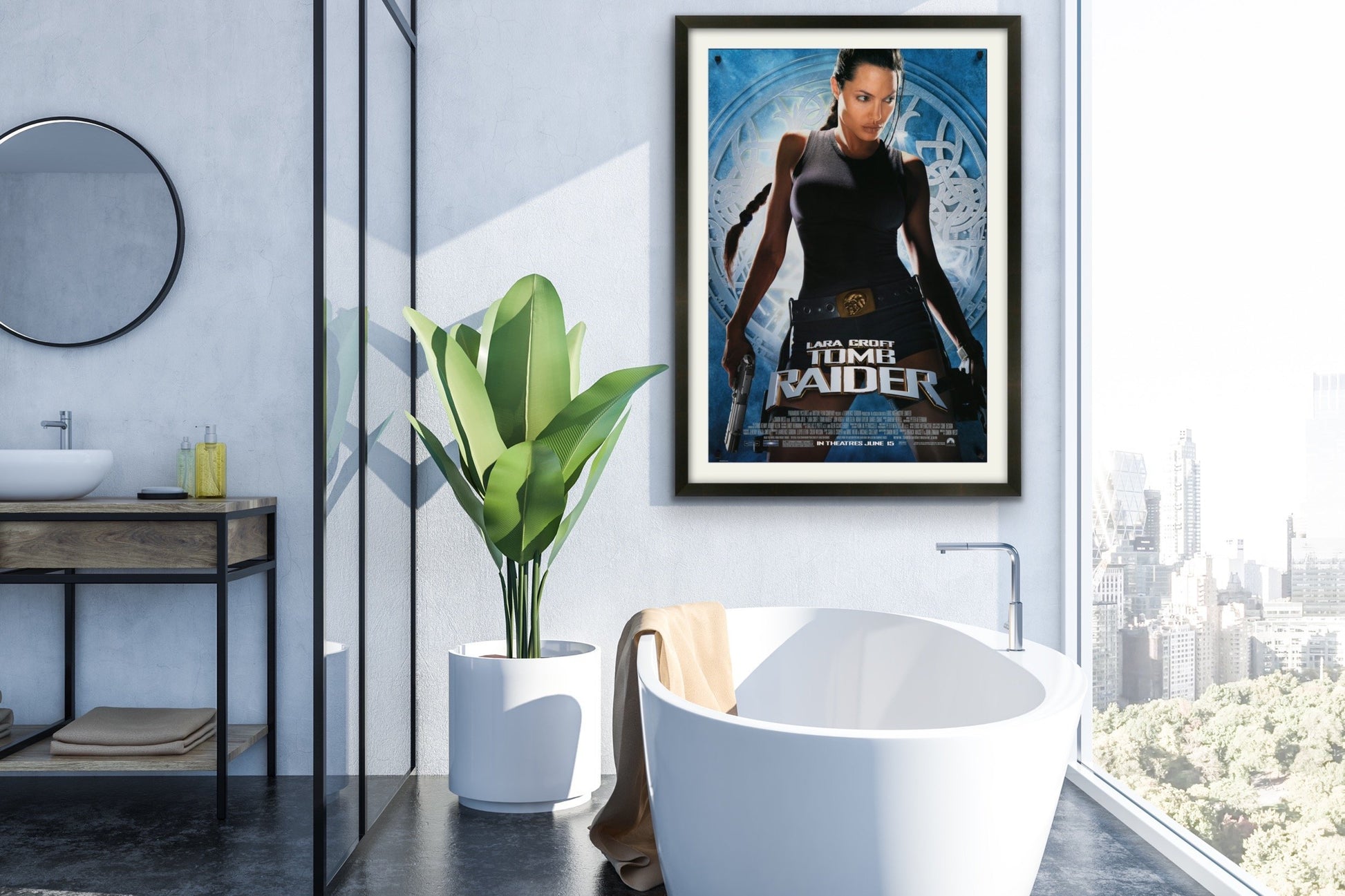 An original movie poster for the Angelina Jolie film Lara Croft Tomb Raider