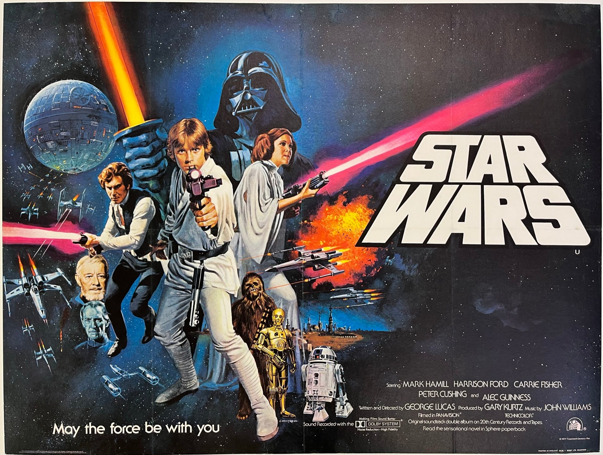 An original pre-awards quad movie poster for the 1977 film Star Wars (A New Hope)
