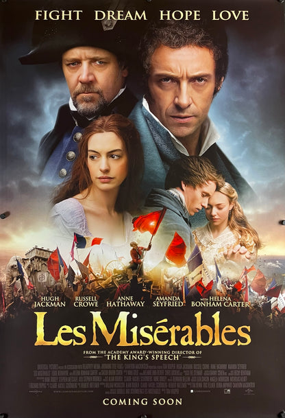 An original movie poster for the 2012 film Les Miserables