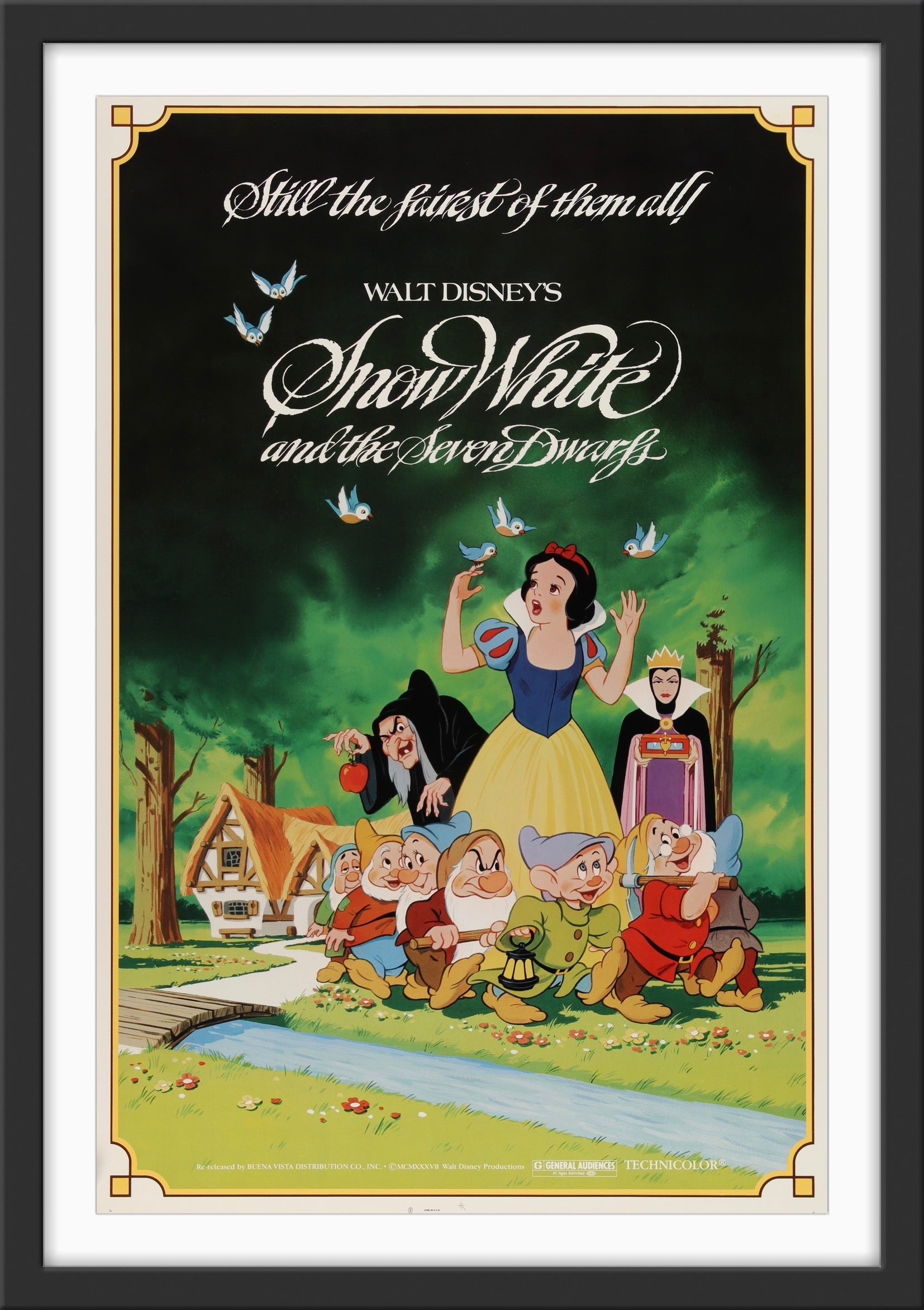 An original movie poster for the Walt Disney classic Snow White and the Seven Dwarfs
