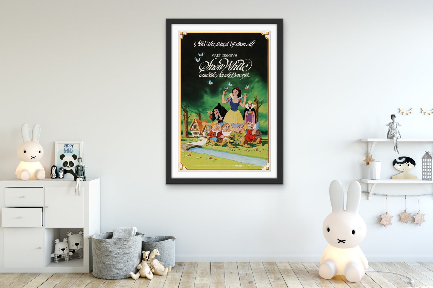 An original movie poster for the Walt Disney classic Snow White and the Seven Dwarfs
