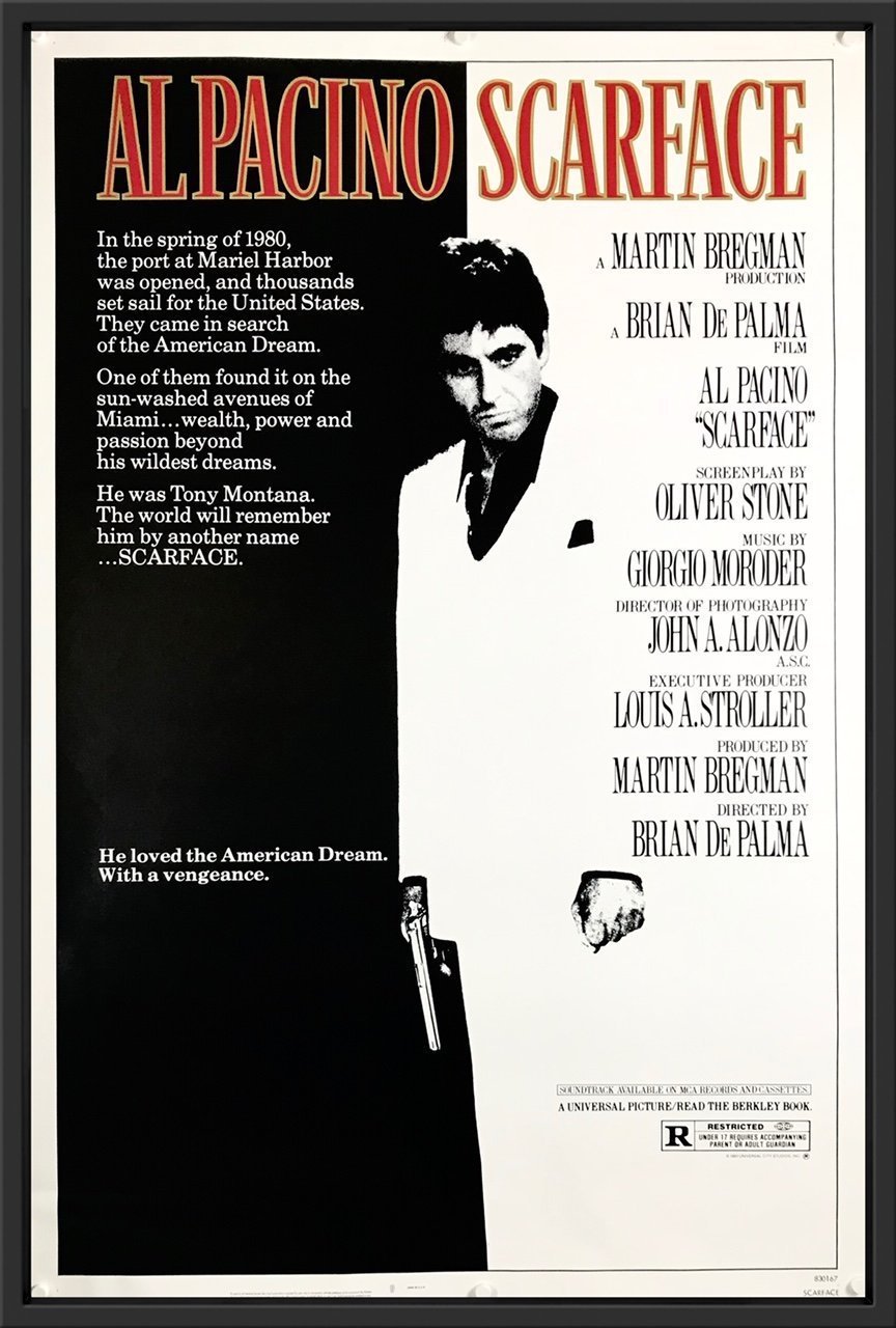 An original movie poster for the Al Pacino film Scarface