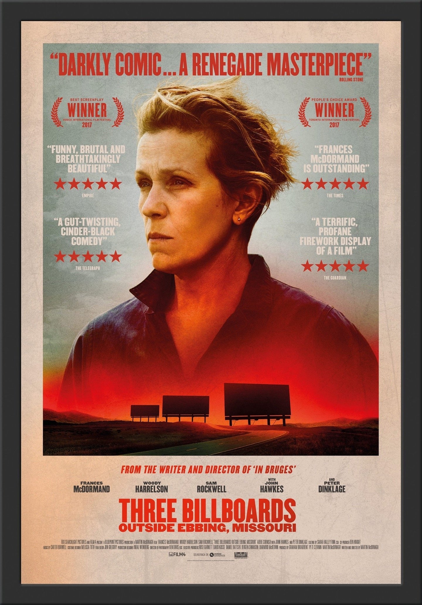 An original movie poster for the film Three Billboards Outside Ebbing, Missouri