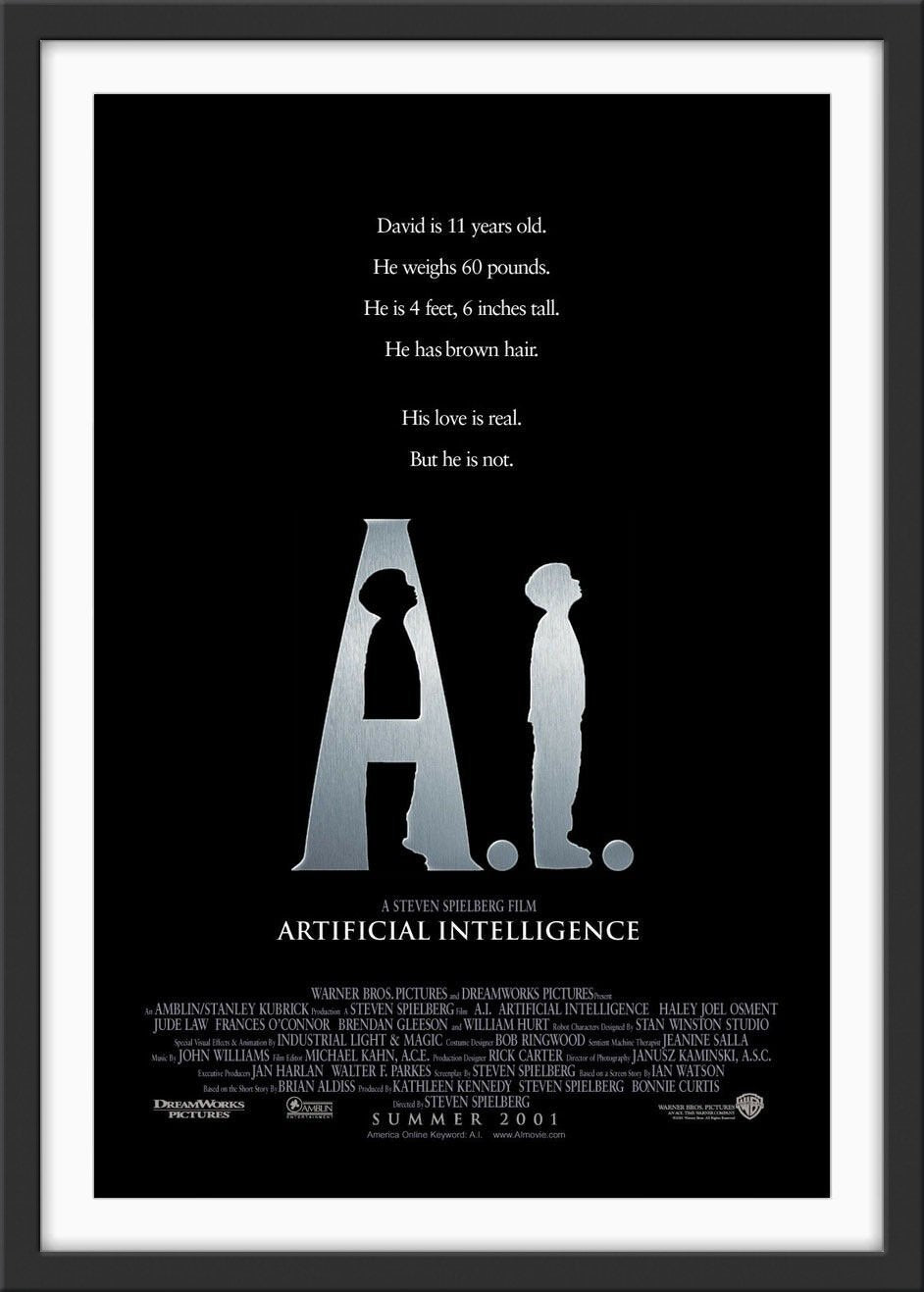 An original movie poster for the Steven Spielberg film A.I. Artificial Intelligence