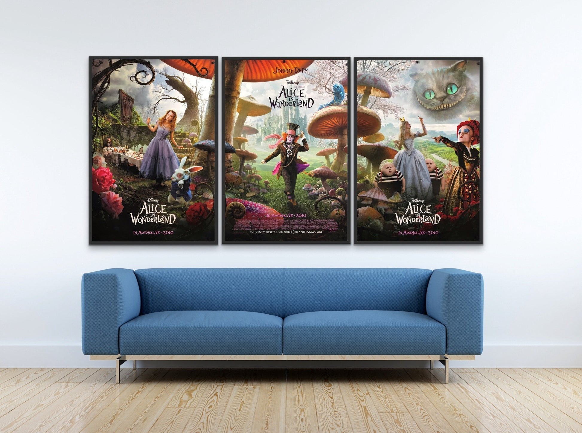 A triptych of movie posters for the film Alice In Wonderland