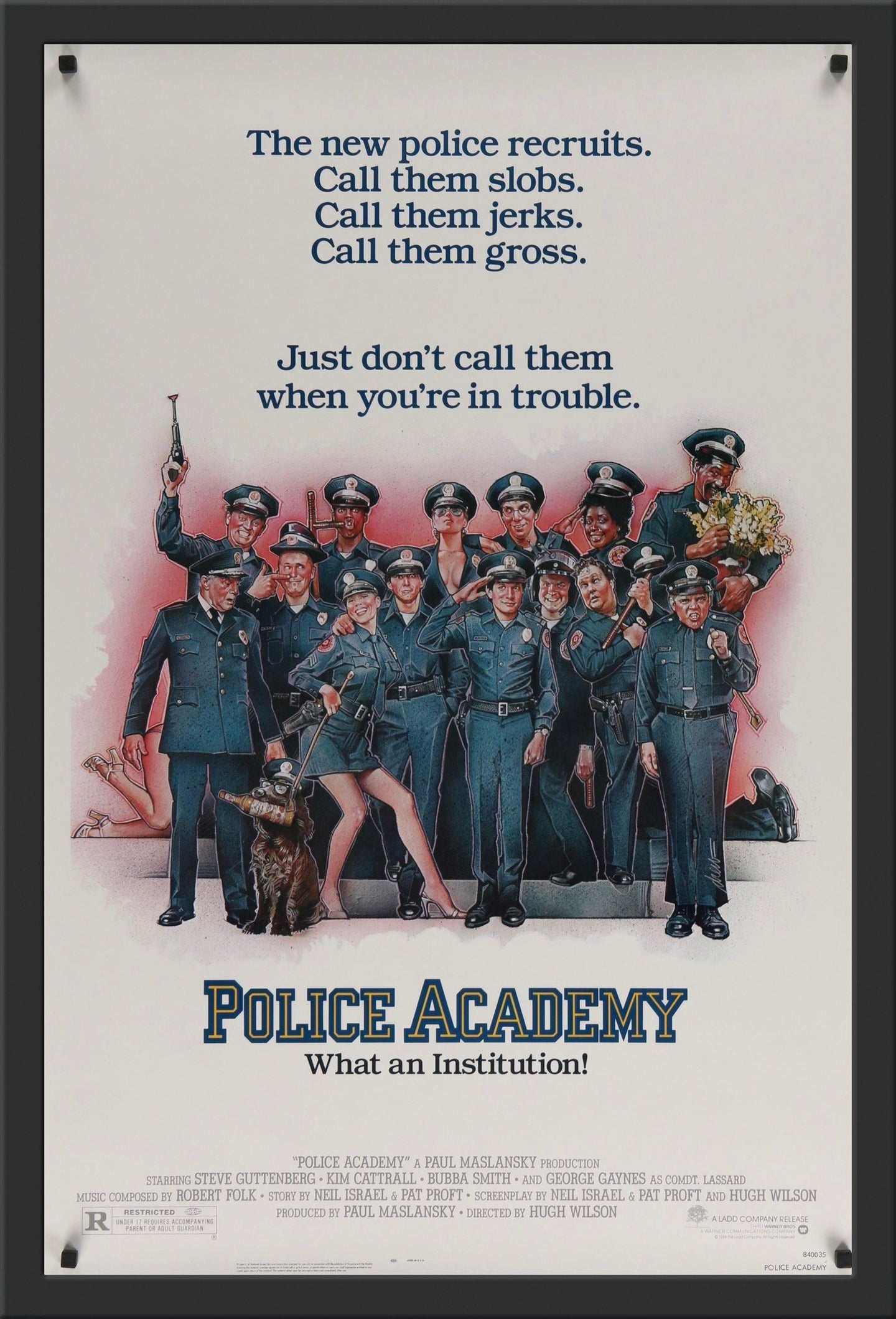 An original movie poster with artwork by Drew Struzan for the film Police Academy