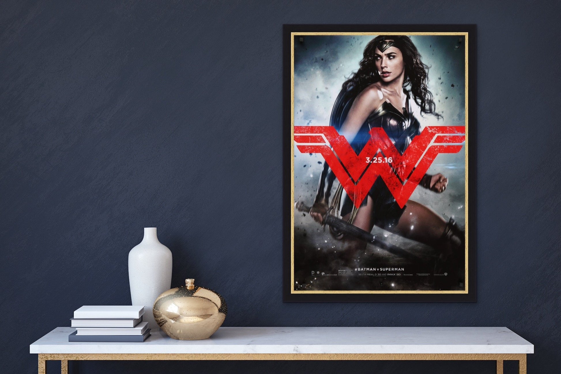 An original movie poster for the film Batman v Superman : Dawn of Justice