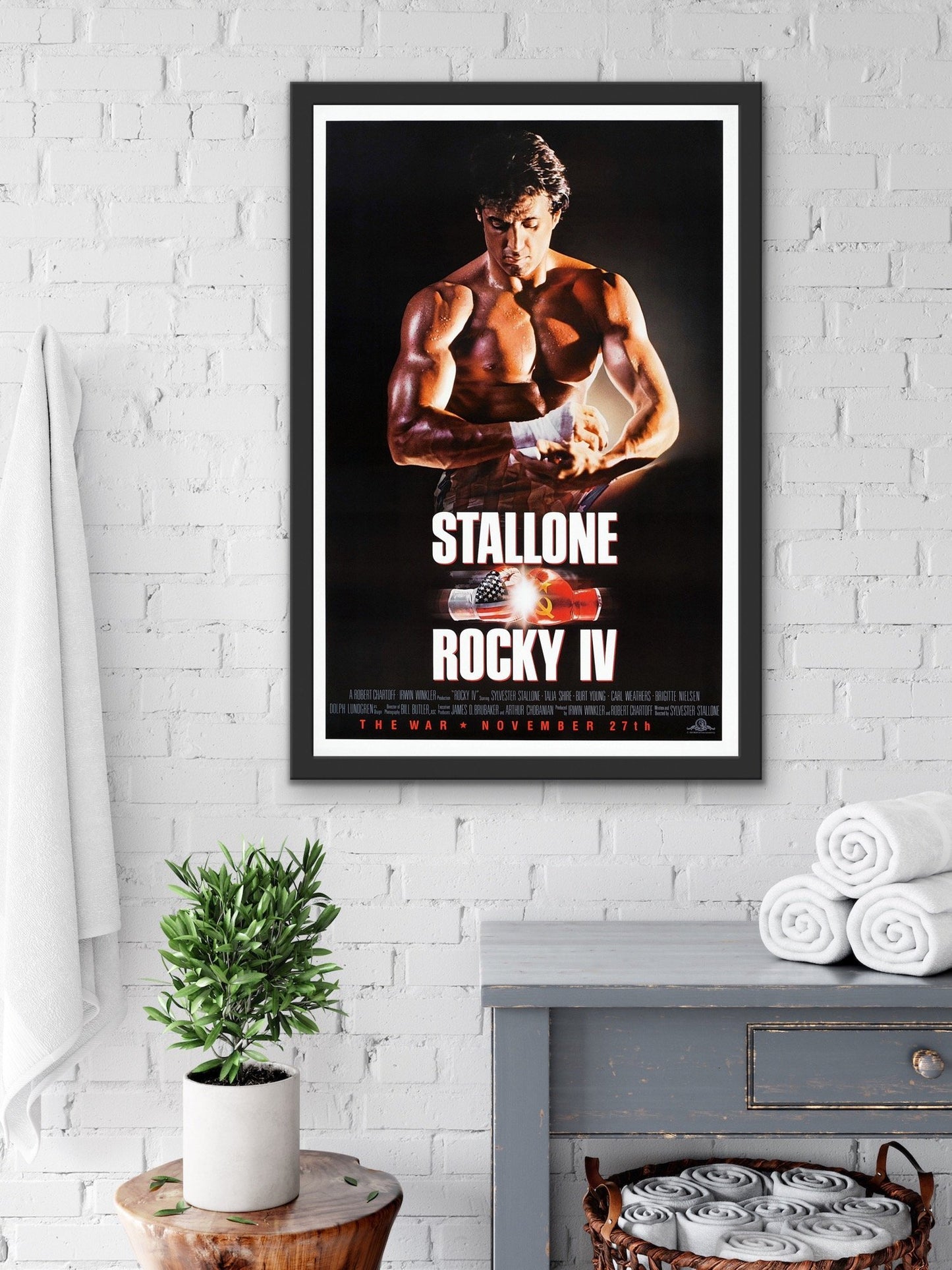 An original movie poster for the Sylvester Stallone film Rocky IV