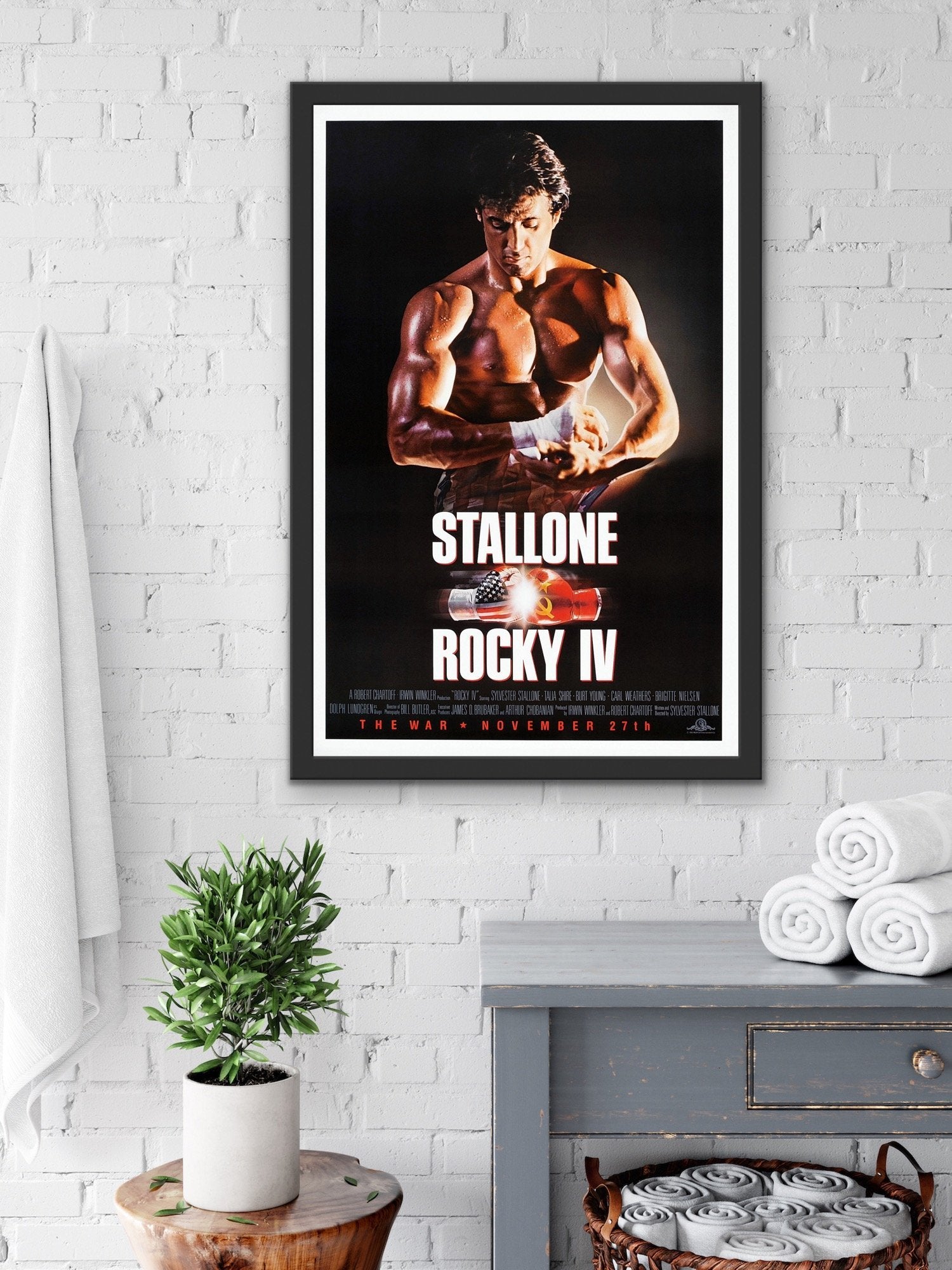 An original movie poster for the Sylvester Stallone film Rocky IV
