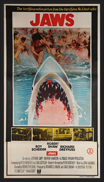 An original movie poster for the Steven Spielberg film Jaws