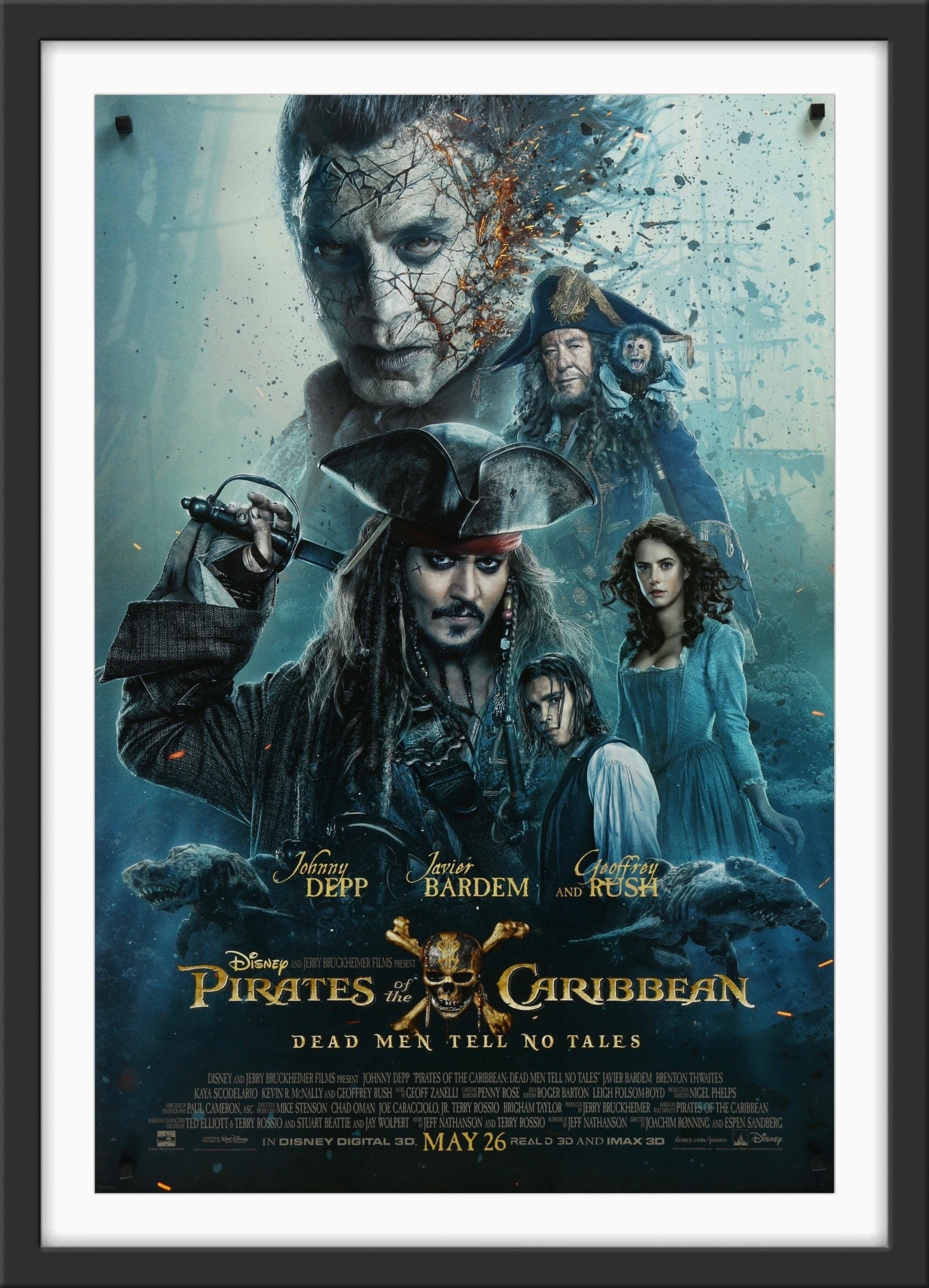 An original movie poster for the film Pirates of the Caribbean: Salazar's Revenge