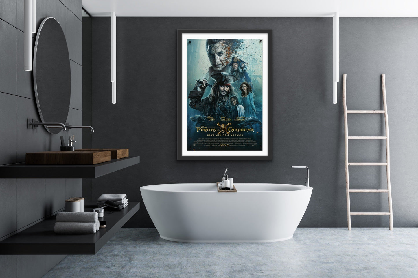 An original movie poster for the film Pirates of the Caribbean: Salazar's Revenge