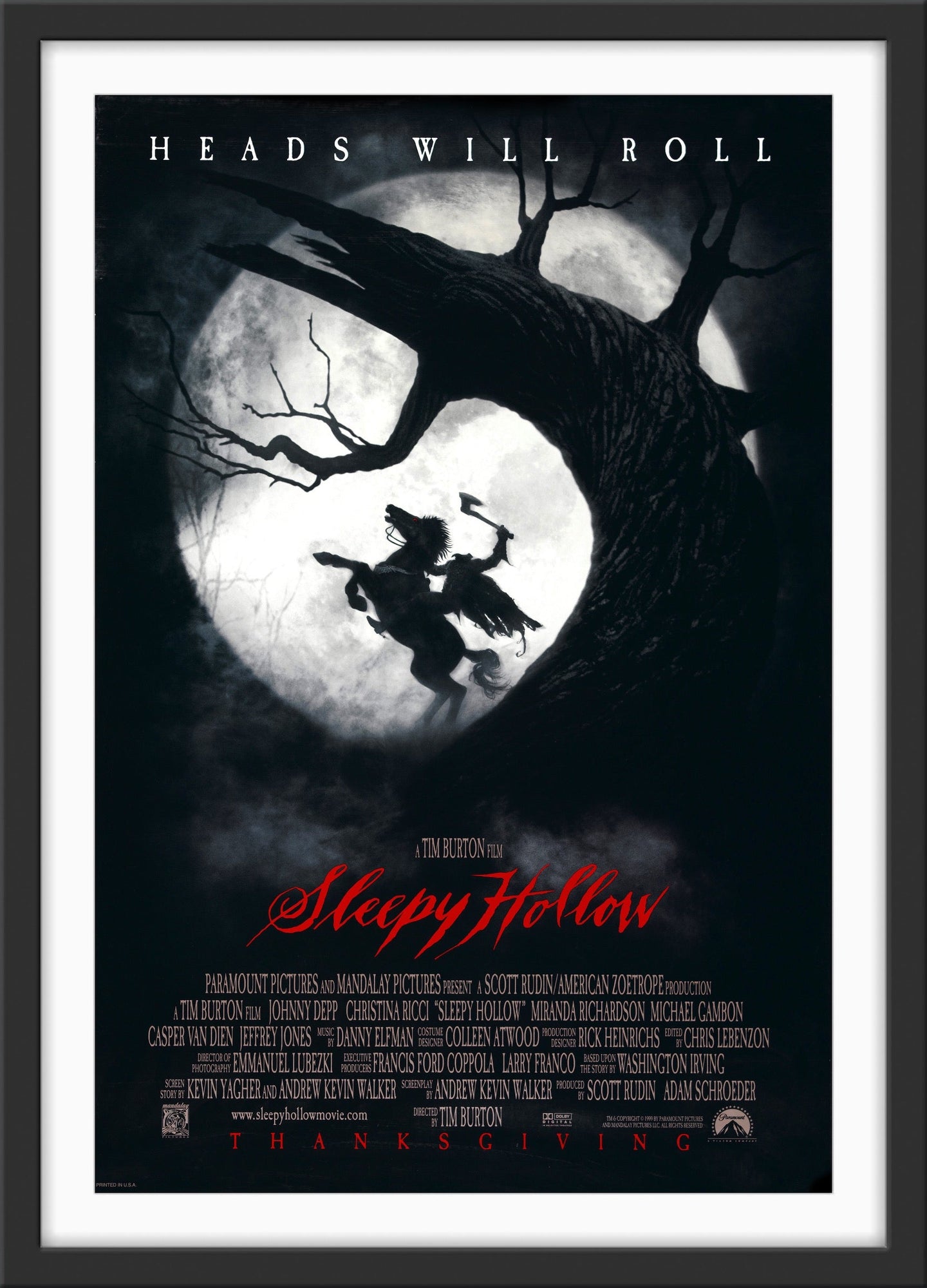 An original movie poster for the Tim Burton film Sleepy Hollow